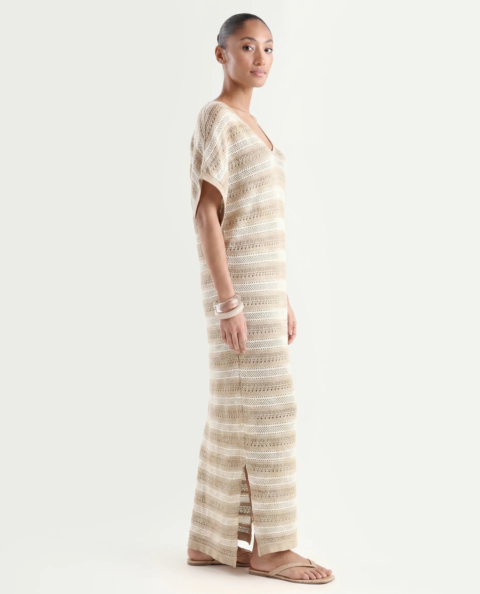 Rareism Women's Haraya Beige Cotton V-Neck Striped Extended Sleeves Maxi Relaxed Fit Dress