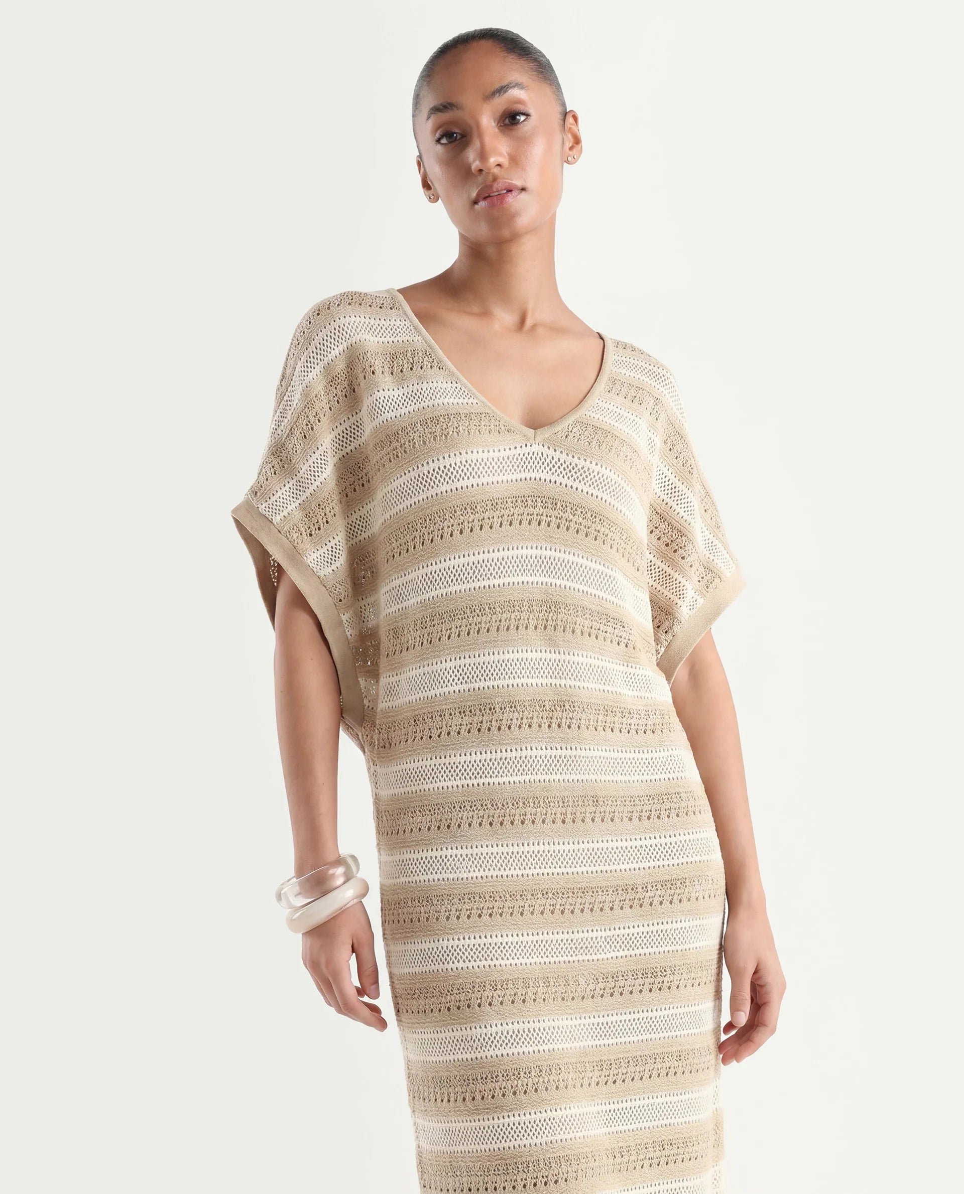 Rareism Women's Haraya Beige Cotton V-Neck Striped Extended Sleeves Maxi Relaxed Fit Dress