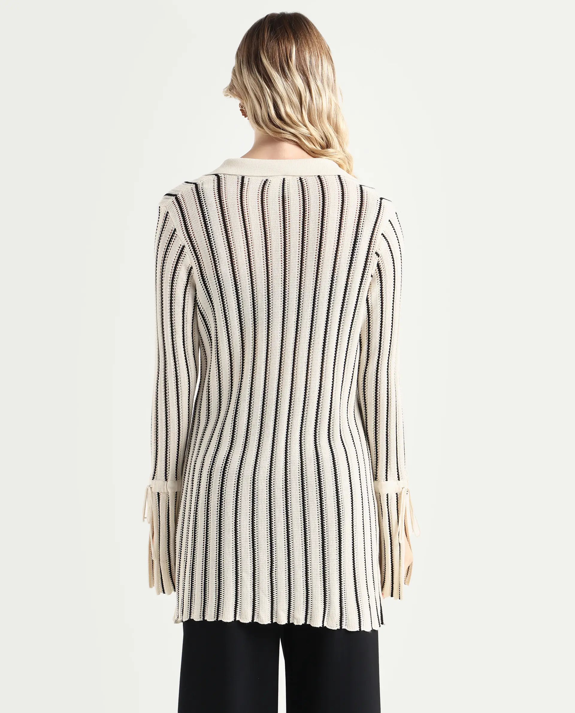 Rareism Women's Kentya White Viscose Johnny Collar Striped Regular Fit Shrug