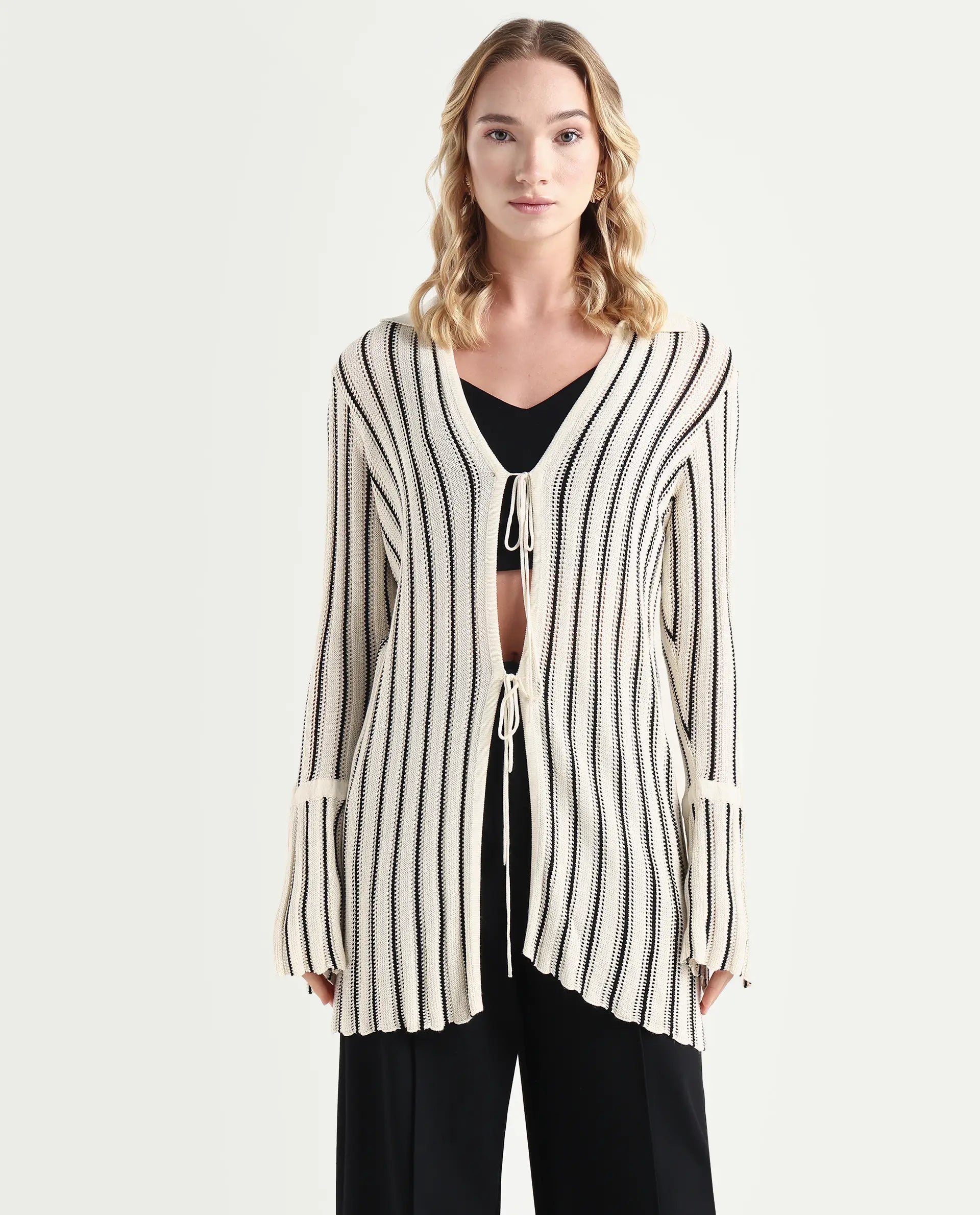 Rareism Women's Kentya White Viscose Johnny Collar Striped Regular Fit Shrug