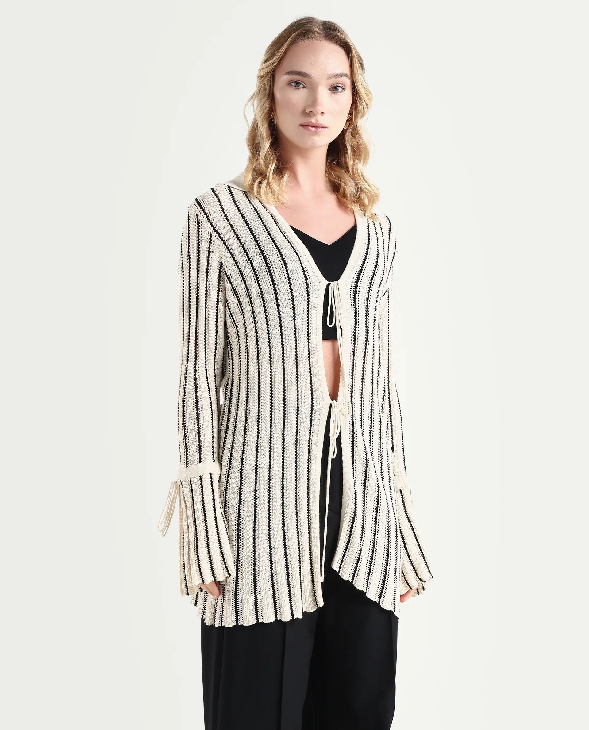 Rareism Women's Kentya White Viscose Johnny Collar Striped Regular Fit Shrug