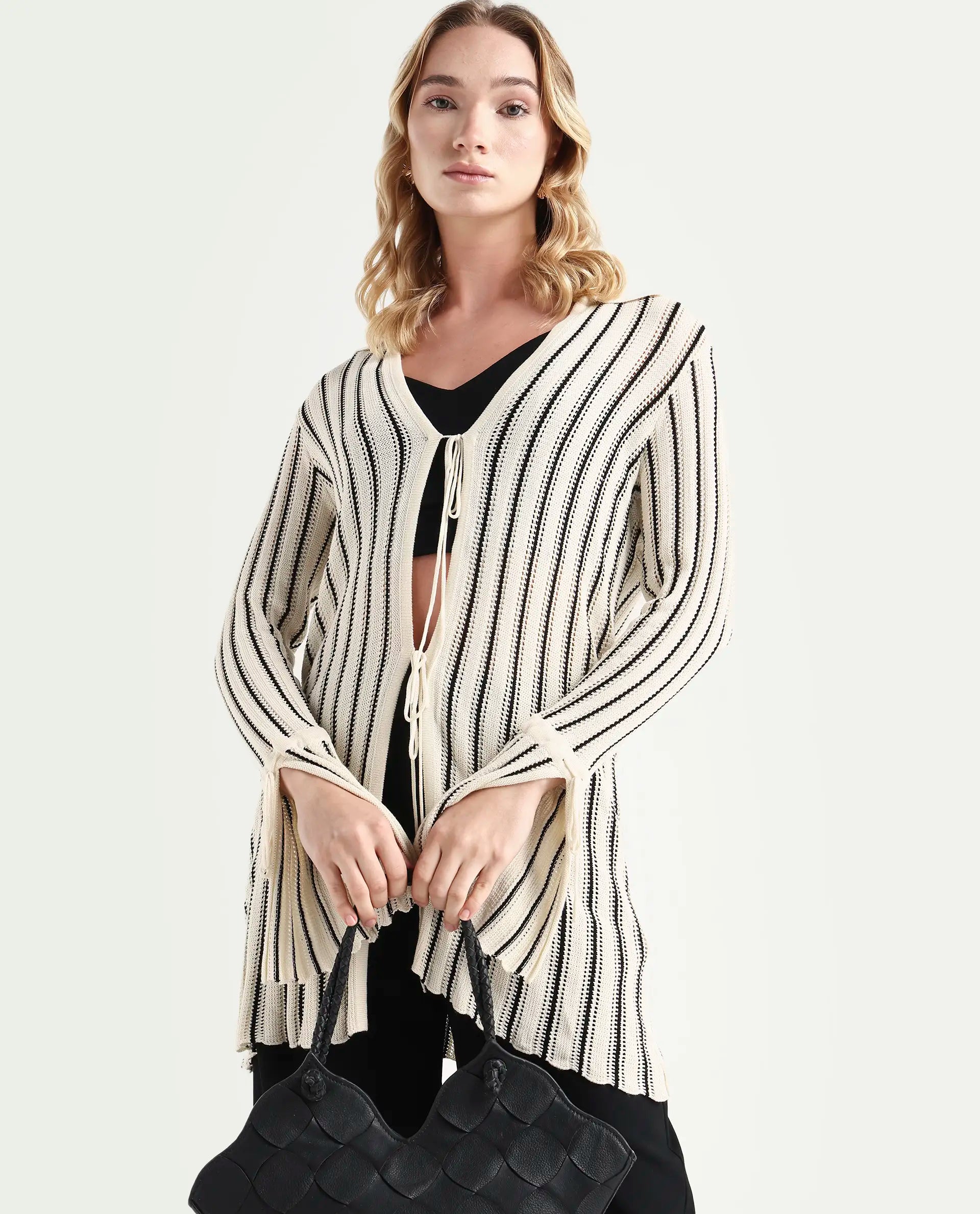 Rareism Women's Kentya White Viscose Johnny Collar Striped Regular Fit Shrug