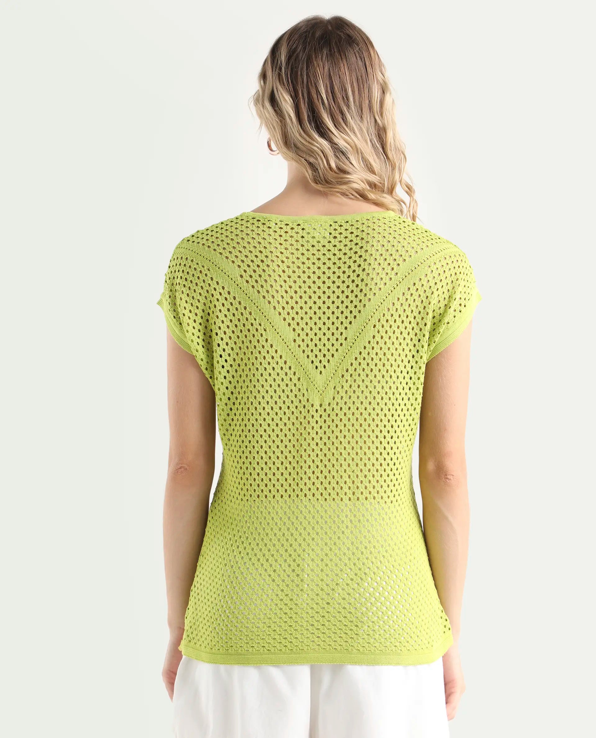 Rareism Women's Totoro Flouroscent Green Cotton Crew Neck Plain Extended Sleeves Relaxed Fit Top