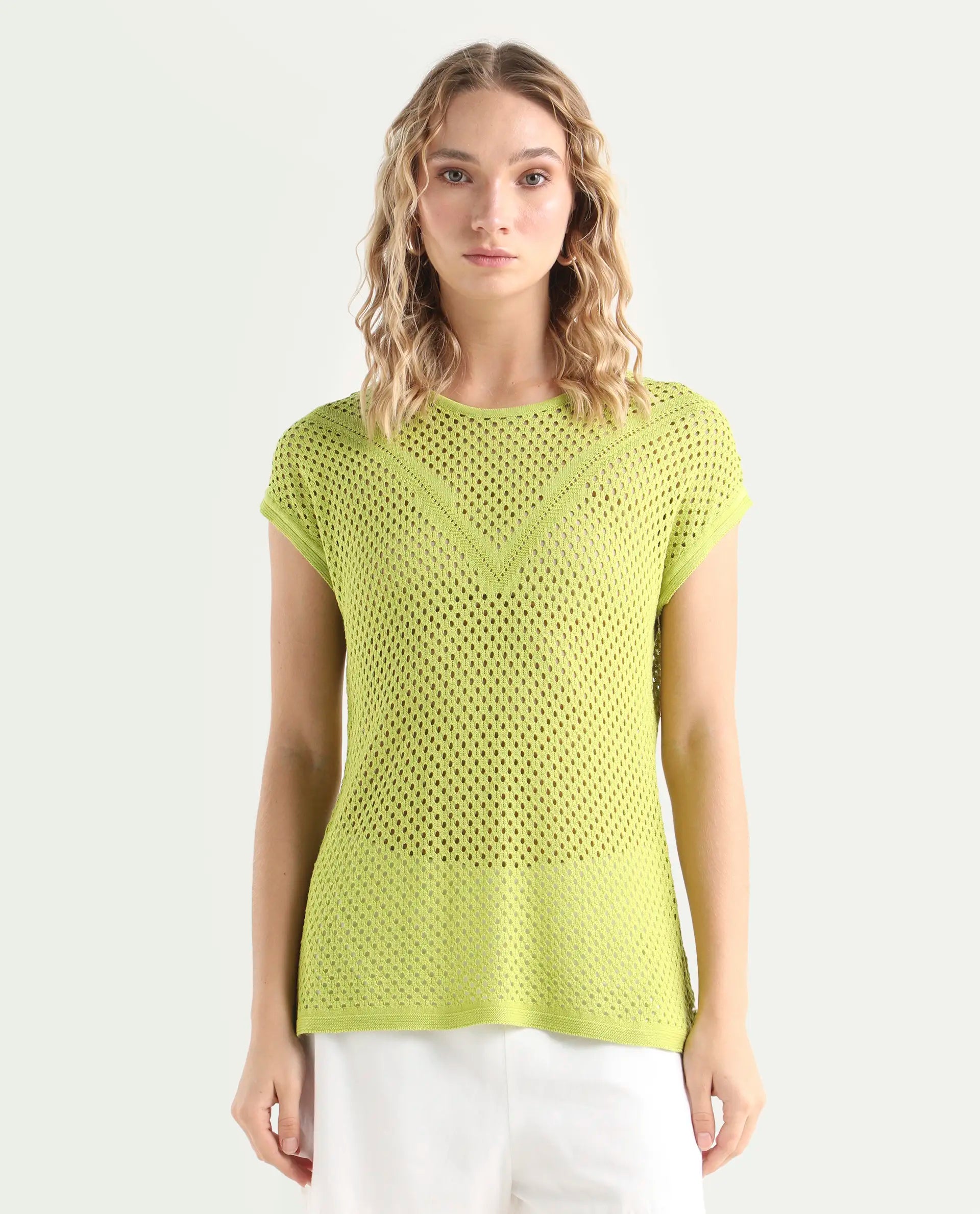 Rareism Women's Totoro Flouroscent Green Cotton Crew Neck Plain Extended Sleeves Relaxed Fit Top