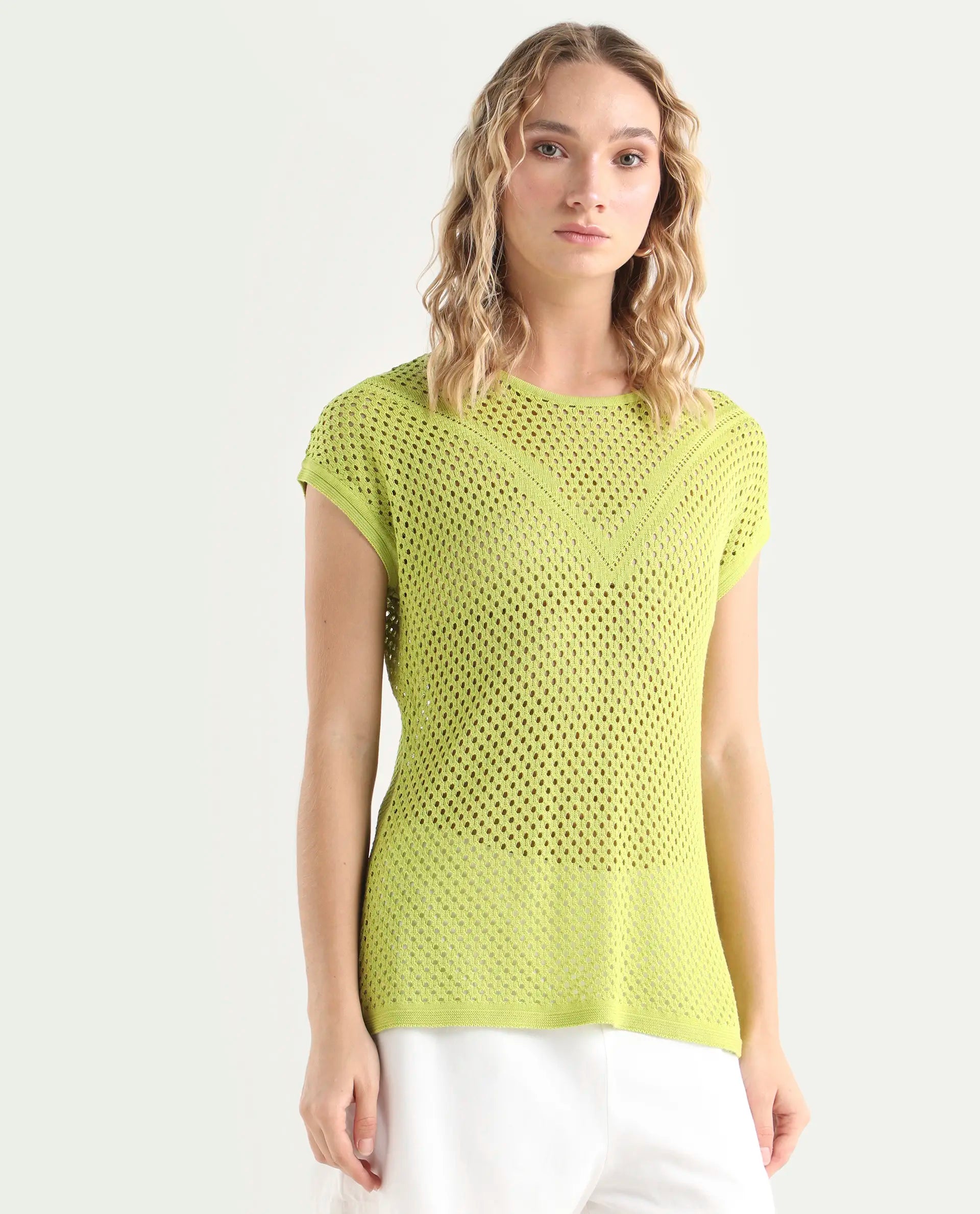 Rareism Women's Totoro Flouroscent Green Cotton Crew Neck Plain Extended Sleeves Relaxed Fit Top