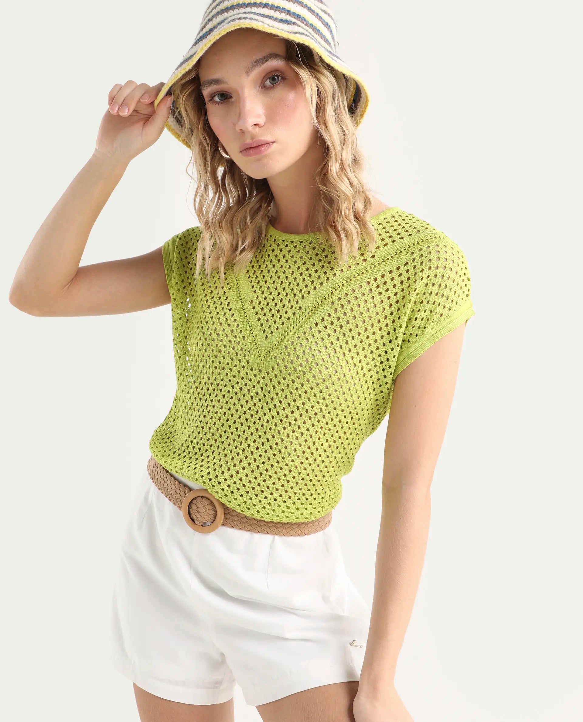 Rareism Women's Totoro Flouroscent Green Cotton Crew Neck Plain Extended Sleeves Relaxed Fit Top