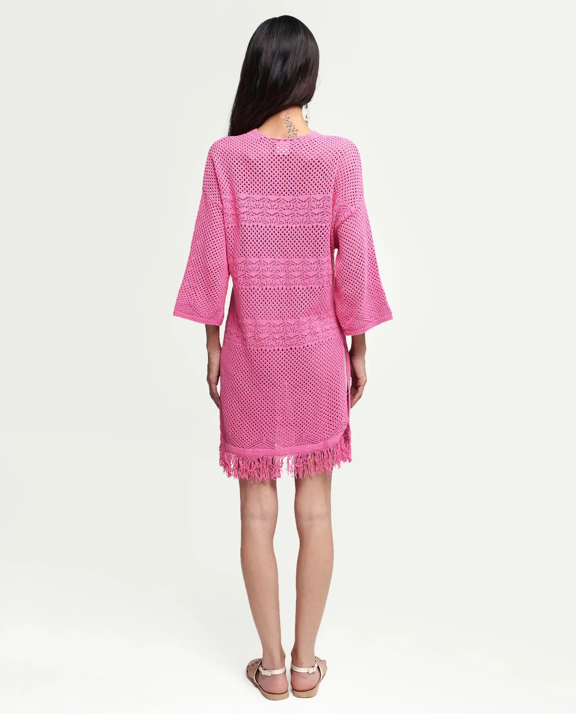 Rareism Women's Mitsuko Pink Cotton Key Hole Neck Plain Knee Length Relaxed Fit Dress