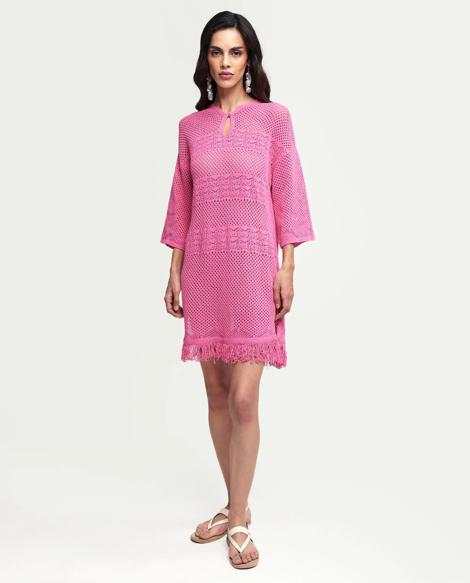 Rareism Women's Mitsuko Pink Cotton Key Hole Neck Plain Knee Length Relaxed Fit Dress
