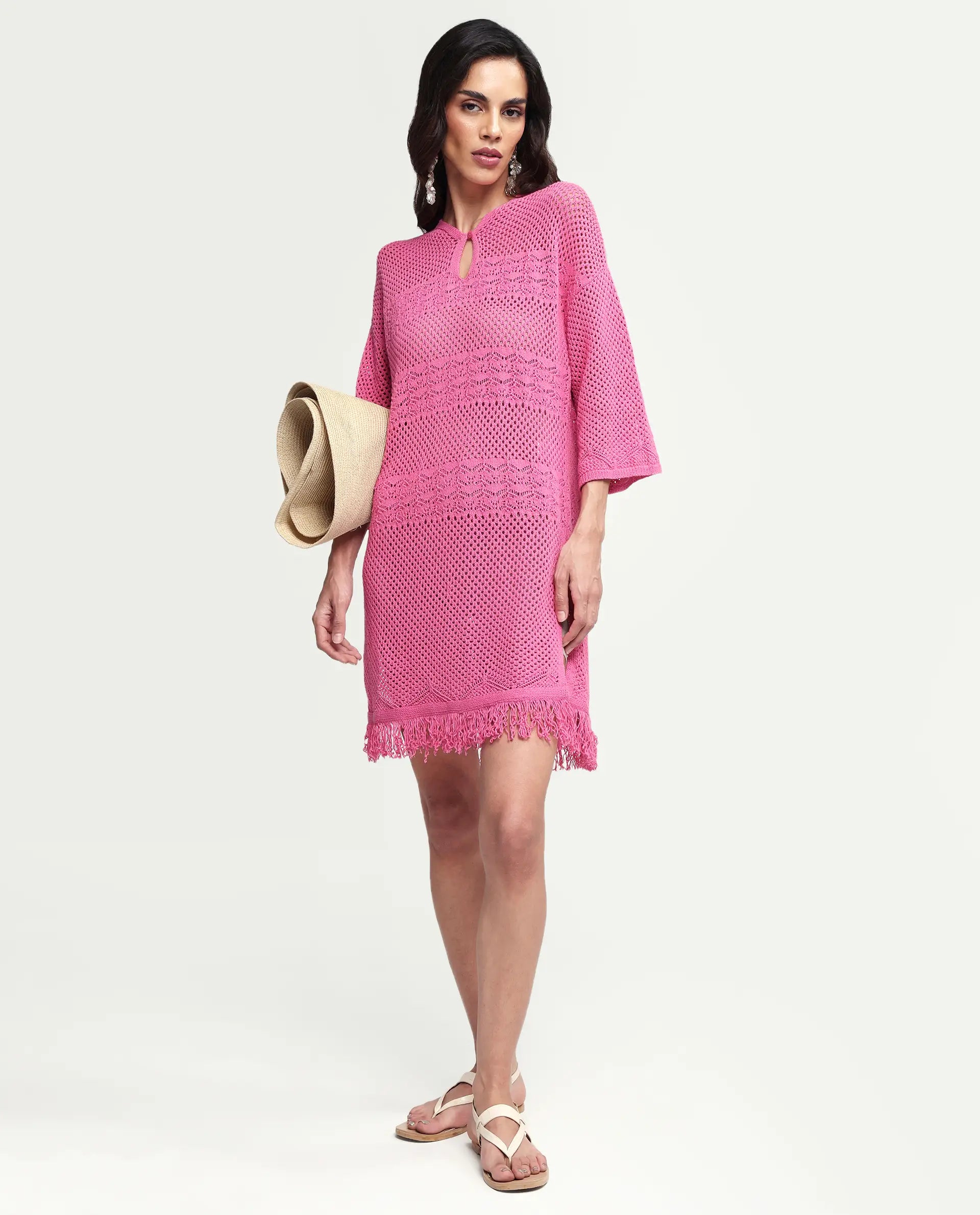 Rareism Women's Mitsuko Pink Cotton Key Hole Neck Plain Knee Length Relaxed Fit Dress