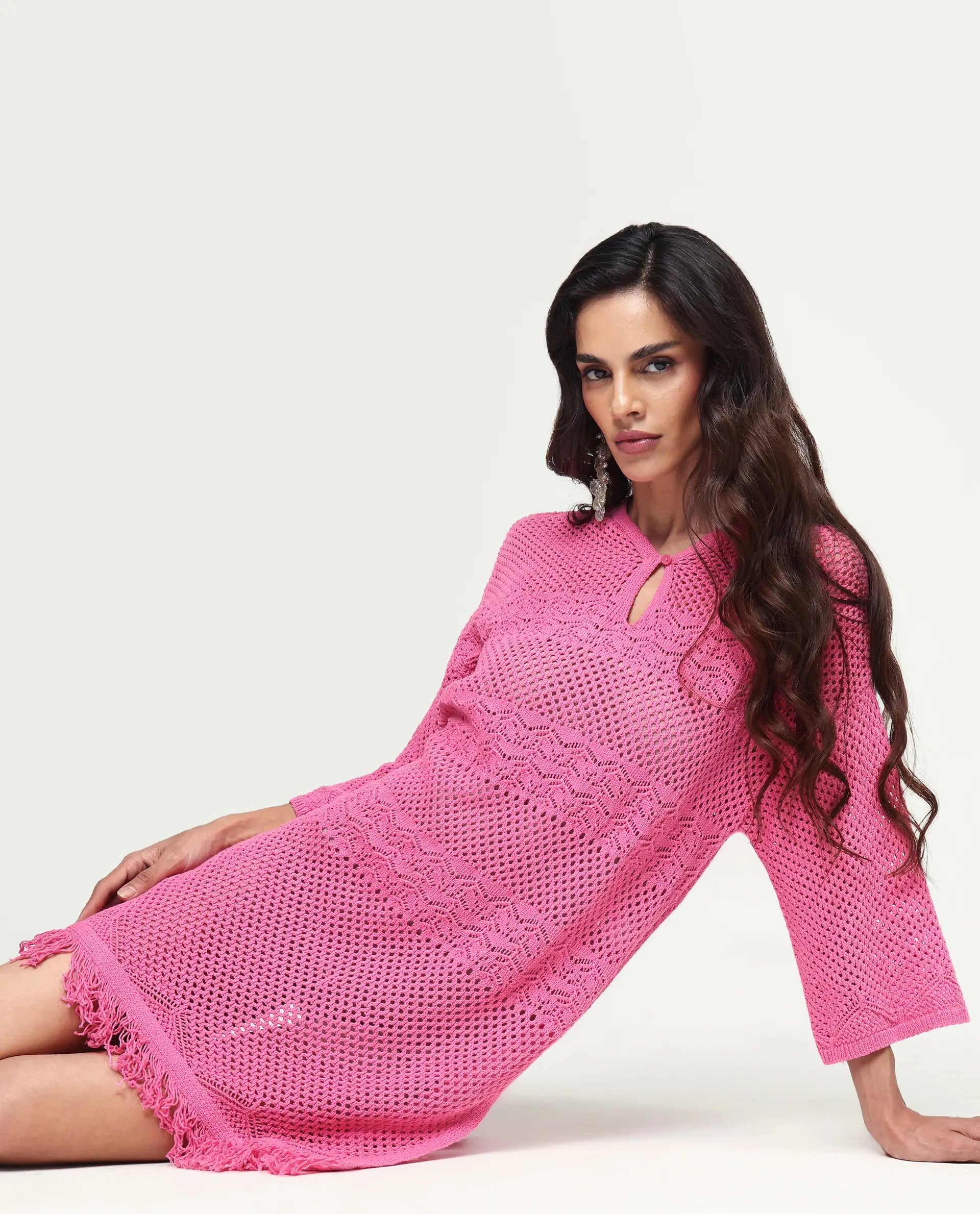Rareism Women's Mitsuko Pink Cotton Key Hole Neck Plain Knee Length Relaxed Fit Dress