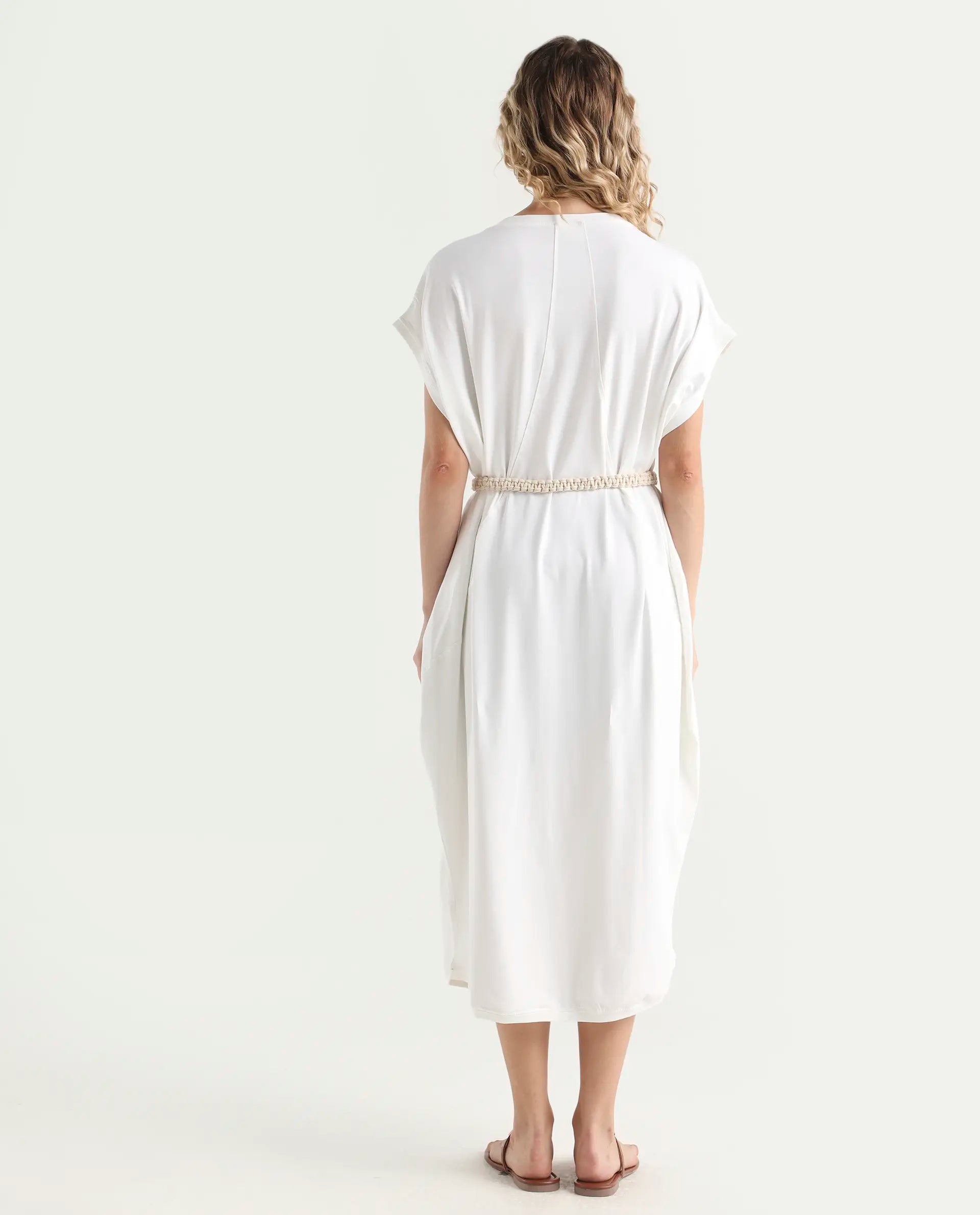 Rareism Women's Siriyo Off White Cotton Crew Neck Plain Extended Sleeves Midi Relaxed Fit Dress