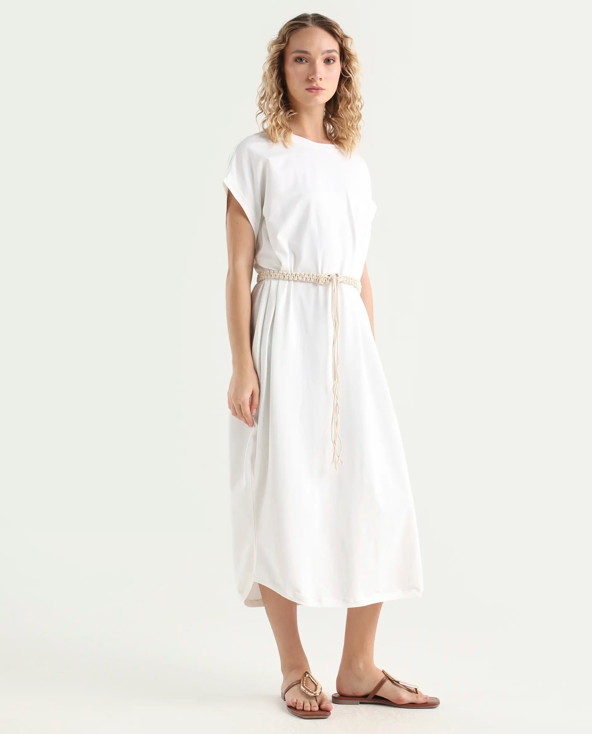 Rareism Women's Siriyo Off White Cotton Crew Neck Plain Extended Sleeves Midi Relaxed Fit Dress