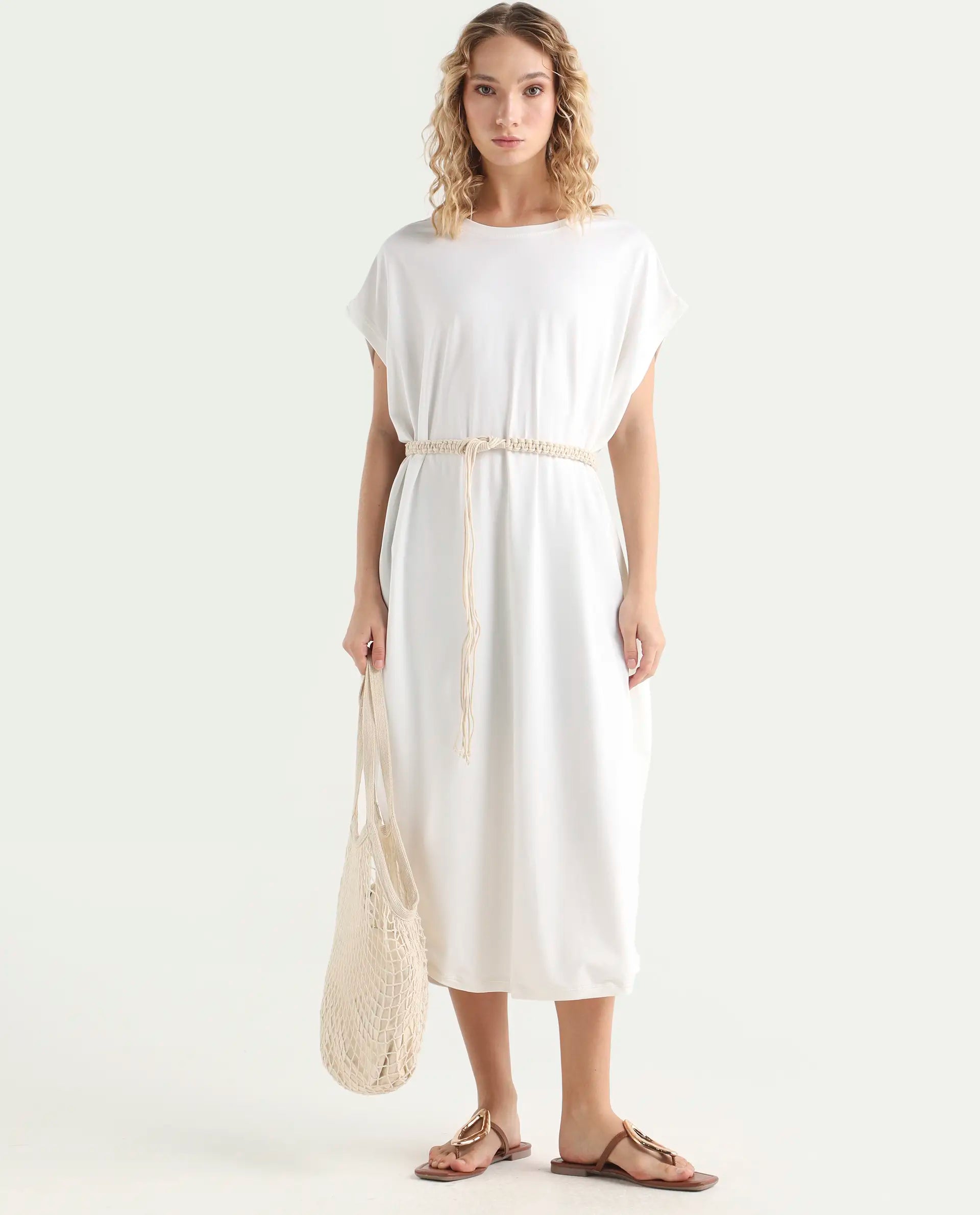 Rareism Women's Siriyo Off White Cotton Crew Neck Plain Extended Sleeves Midi Relaxed Fit Dress