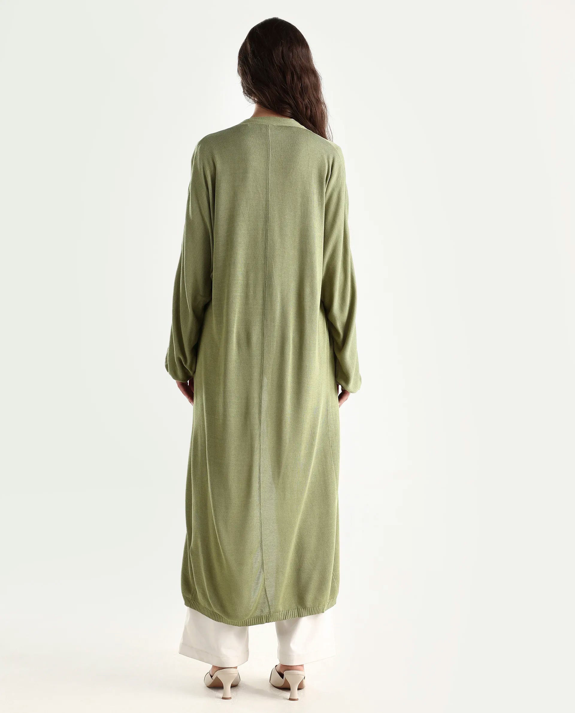 Rareism Women's Keya Pastel Green Cotton Collarless Plain Extended Sleeves Midi Relaxed Fit Shrug