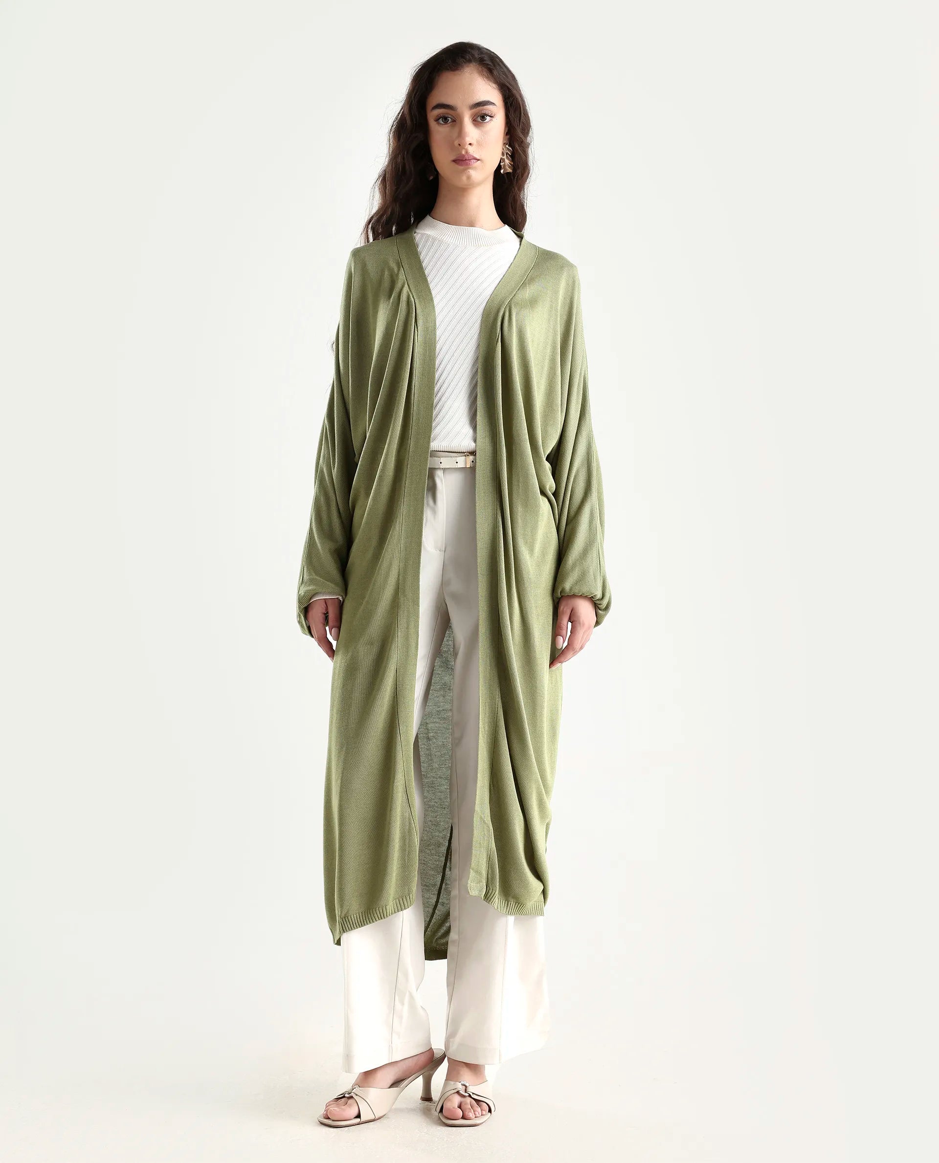 Rareism Women's Keya Pastel Green Cotton Collarless Plain Extended Sleeves Midi Relaxed Fit Shrug