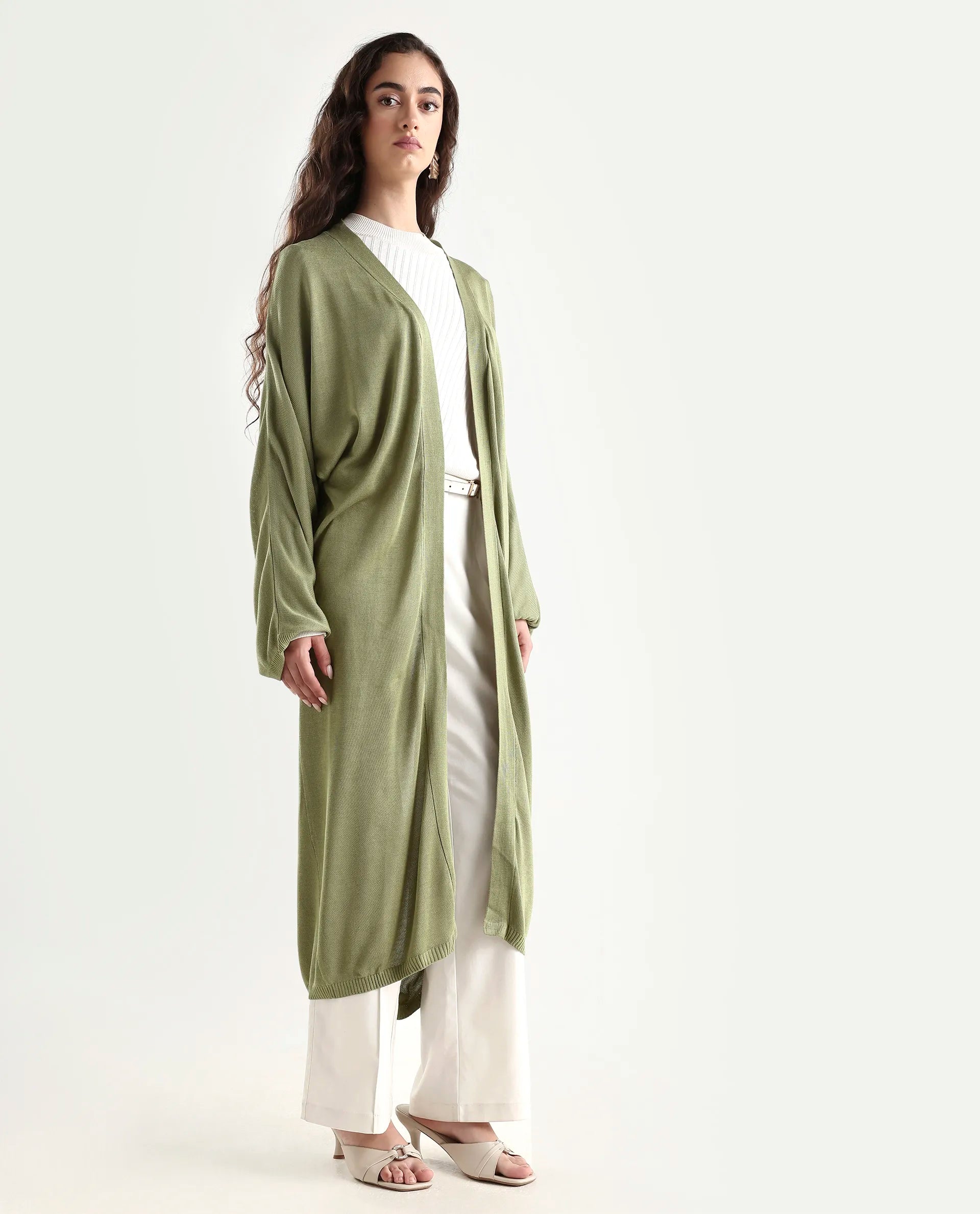 Rareism Women's Keya Pastel Green Cotton Collarless Plain Extended Sleeves Midi Relaxed Fit Shrug