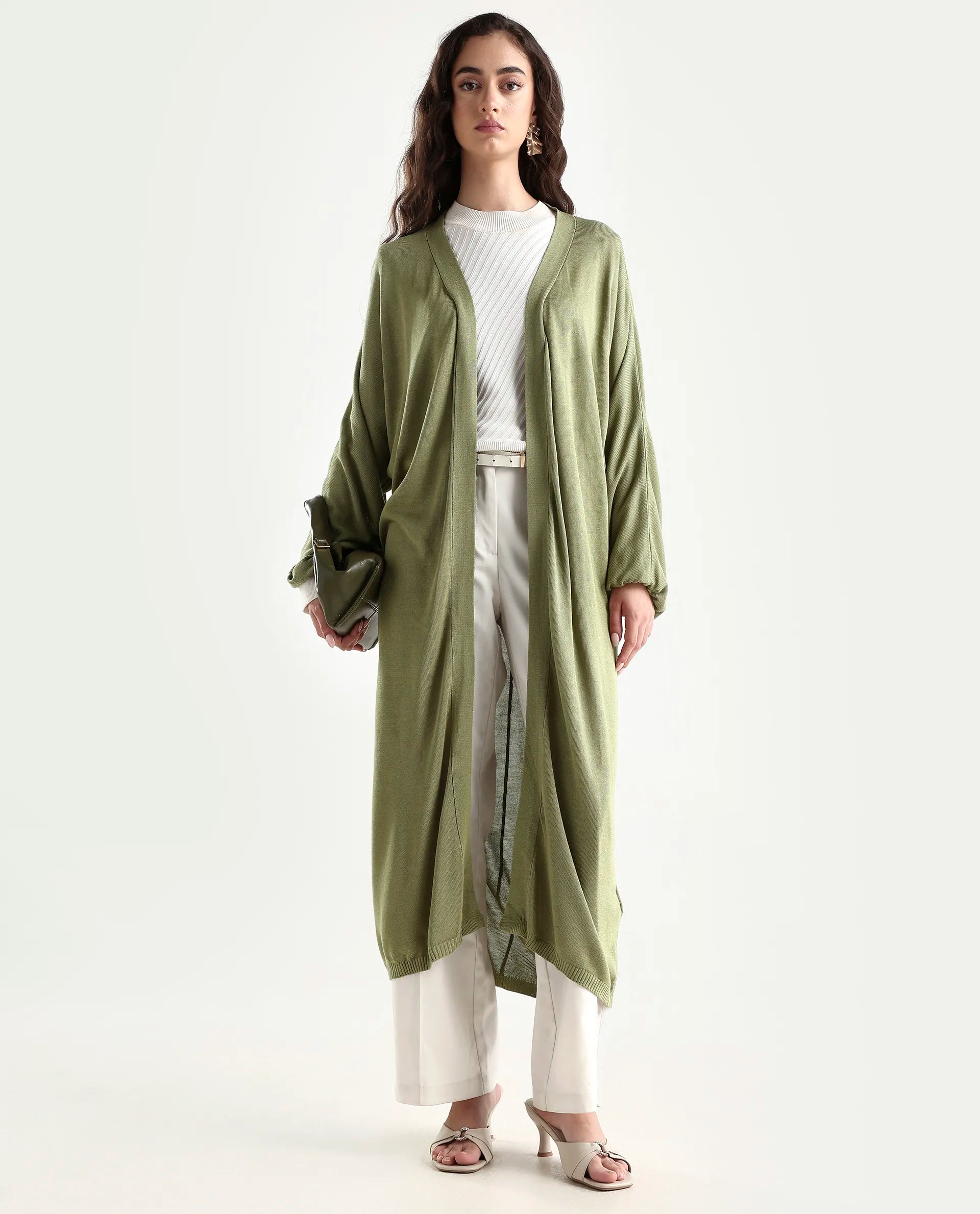 Rareism Women's Keya Pastel Green Cotton Collarless Plain Extended Sleeves Midi Relaxed Fit Shrug