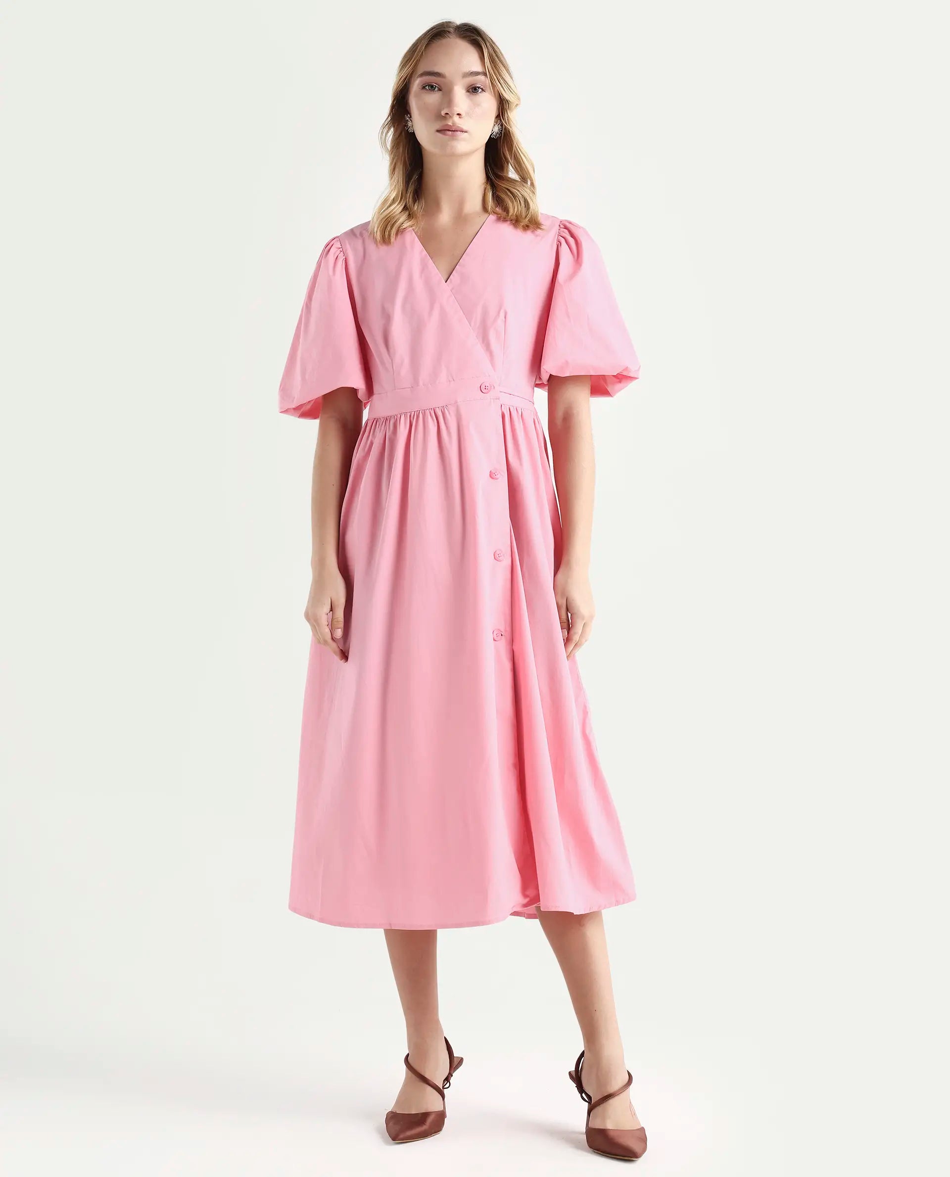 Rareism Women's Aleo Light Pink Polyester Blend Overlap Neck Plain Balloon Sleeve Maxi Fit And Flare Dress