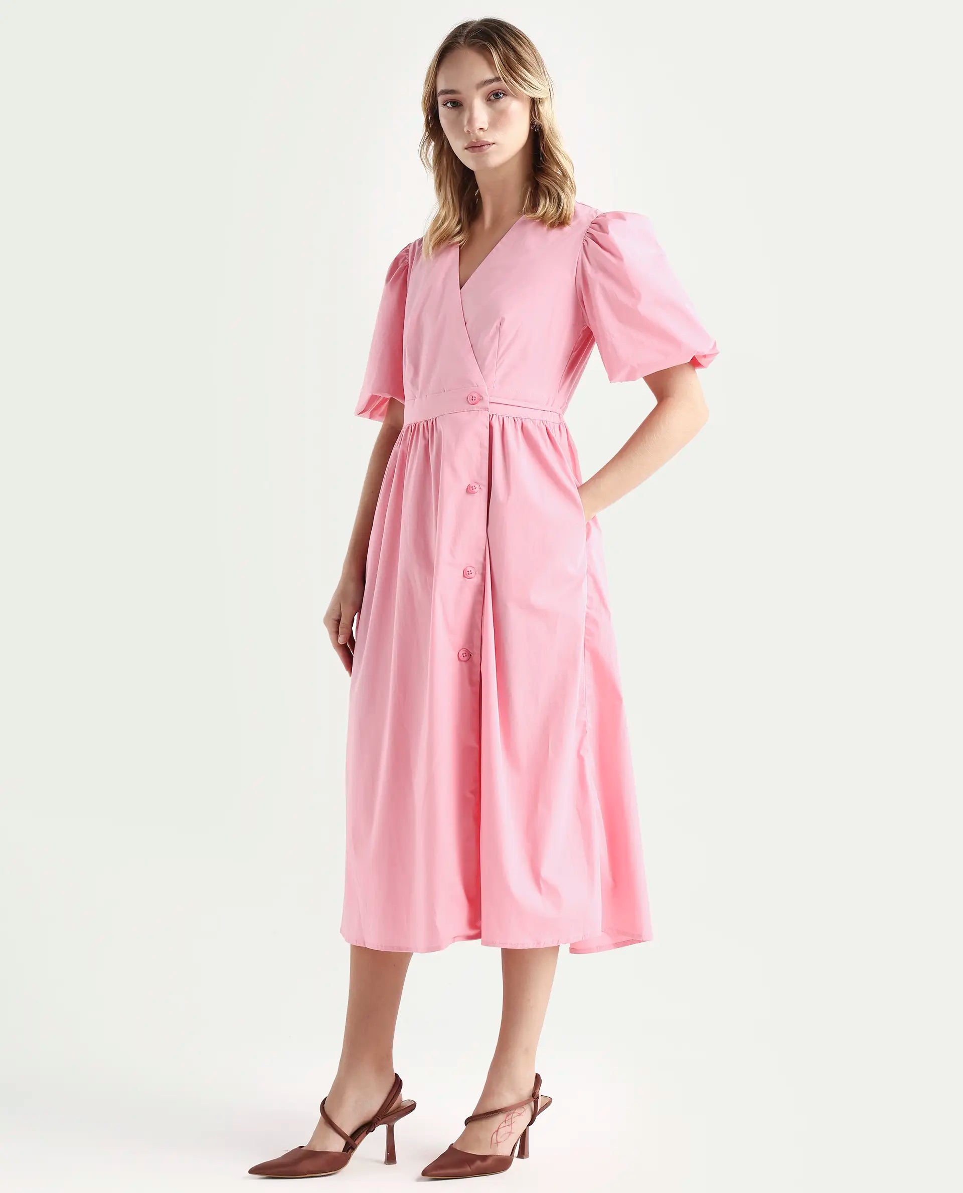 Rareism Women's Aleo Light Pink Polyester Blend Overlap Neck Plain Balloon Sleeve Maxi Fit And Flare Dress