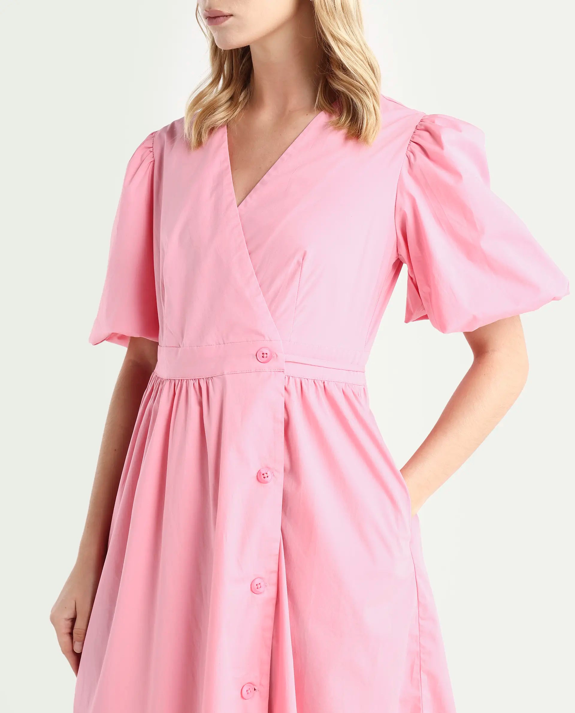 Rareism Women's Aleo Light Pink Polyester Blend Overlap Neck Plain Balloon Sleeve Maxi Fit And Flare Dress