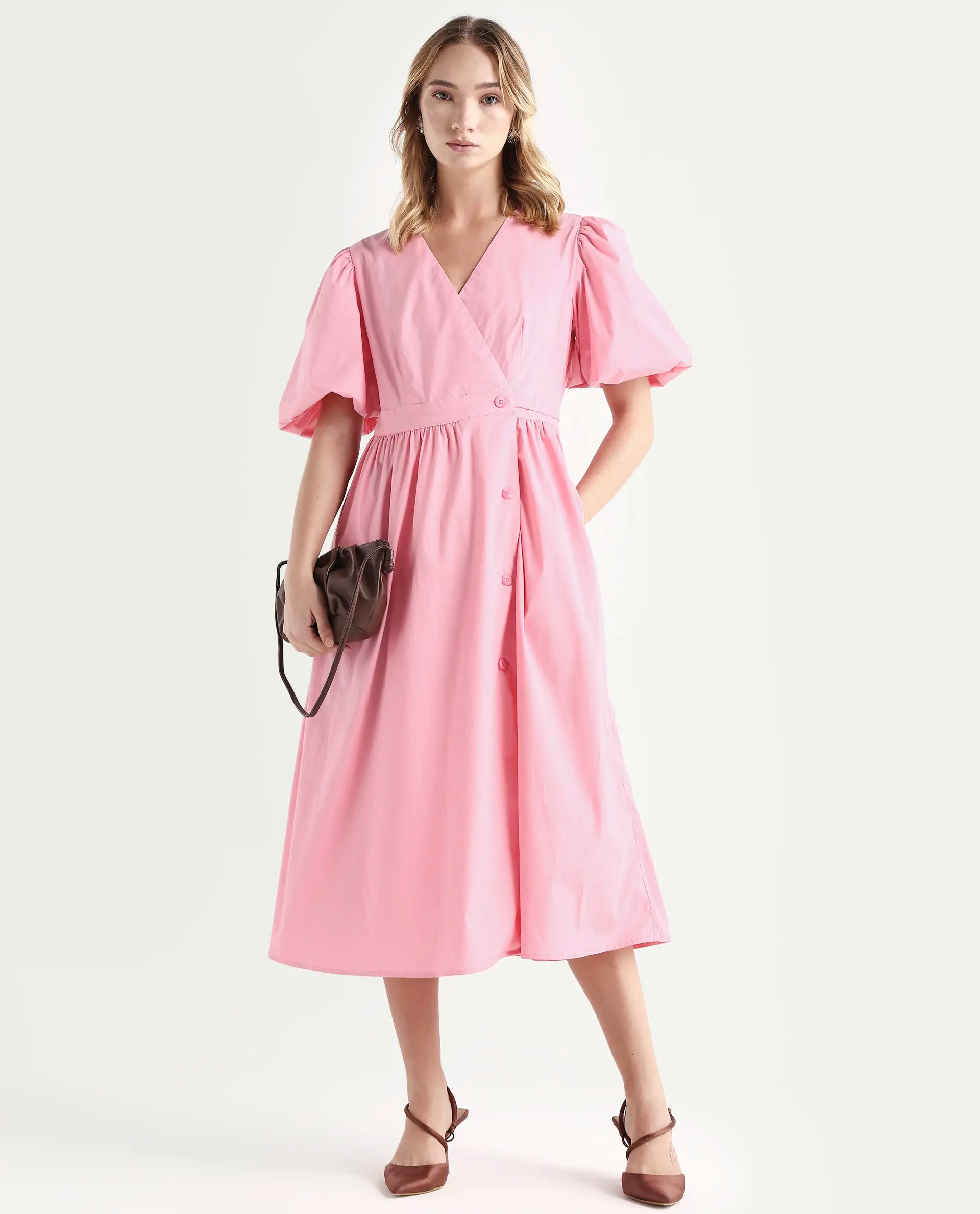 Rareism Women's Aleo Light Pink Polyester Blend Overlap Neck Plain Balloon Sleeve Maxi Fit And Flare Dress