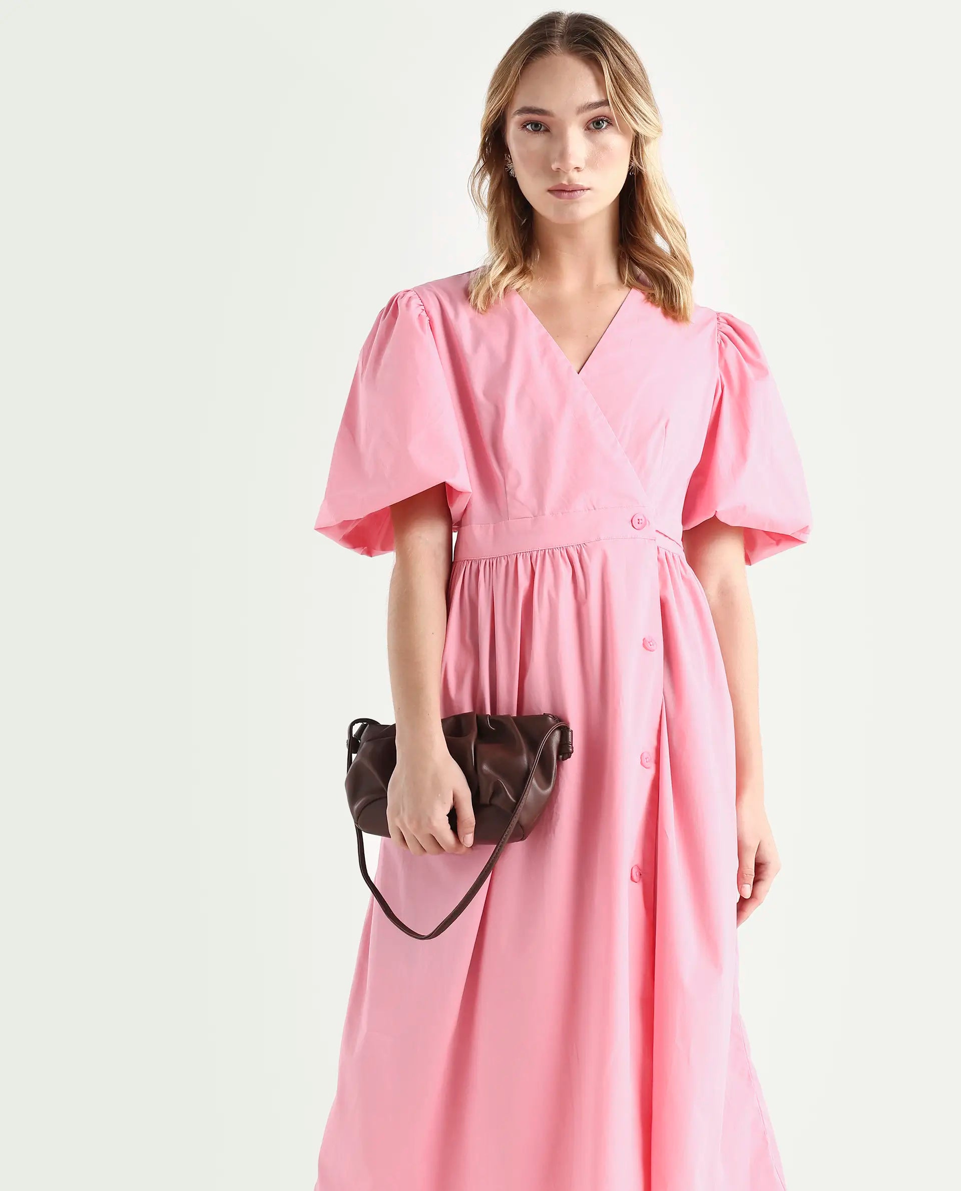 Rareism Women's Aleo Light Pink Polyester Blend Overlap Neck Plain Balloon Sleeve Maxi Fit And Flare Dress
