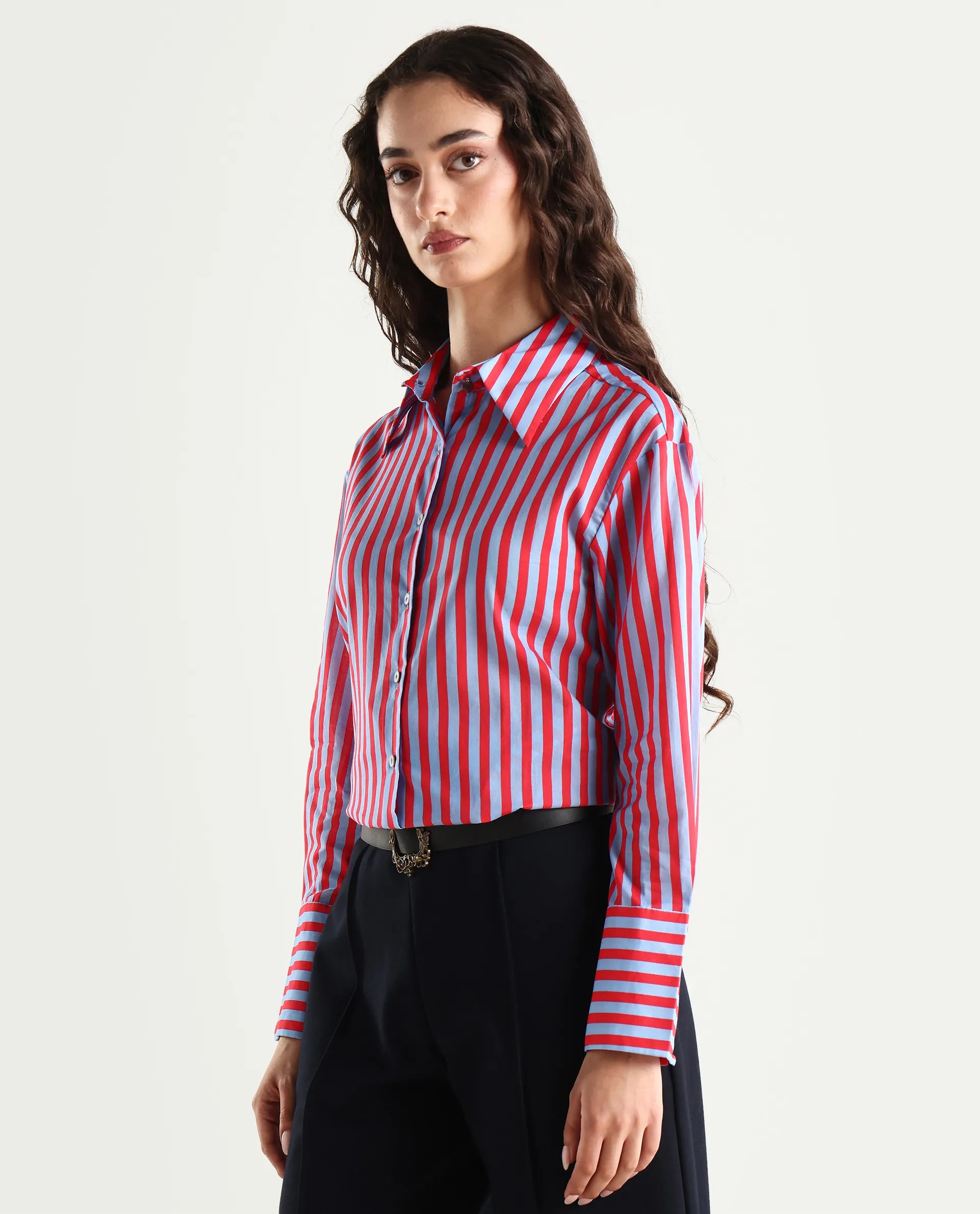 Rareism Women's Masha Blue Drop Collar Striped Cuffed Sleeve Regular Fit Top