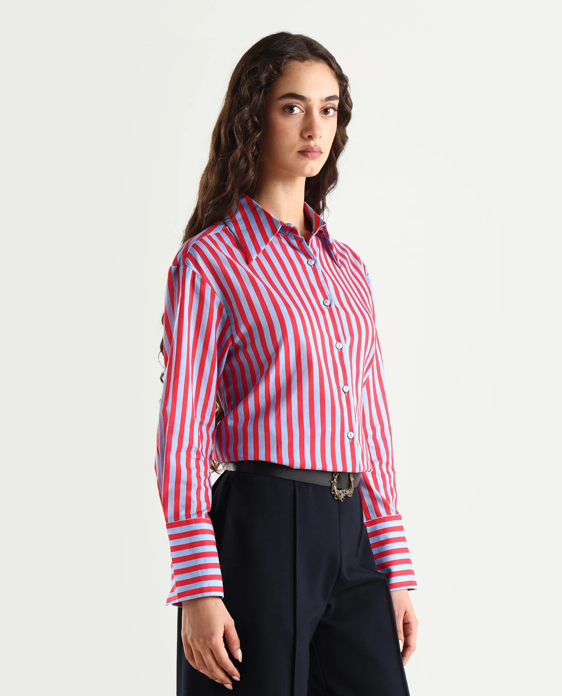 Rareism Women's Masha Blue Drop Collar Striped Cuffed Sleeve Regular Fit Top