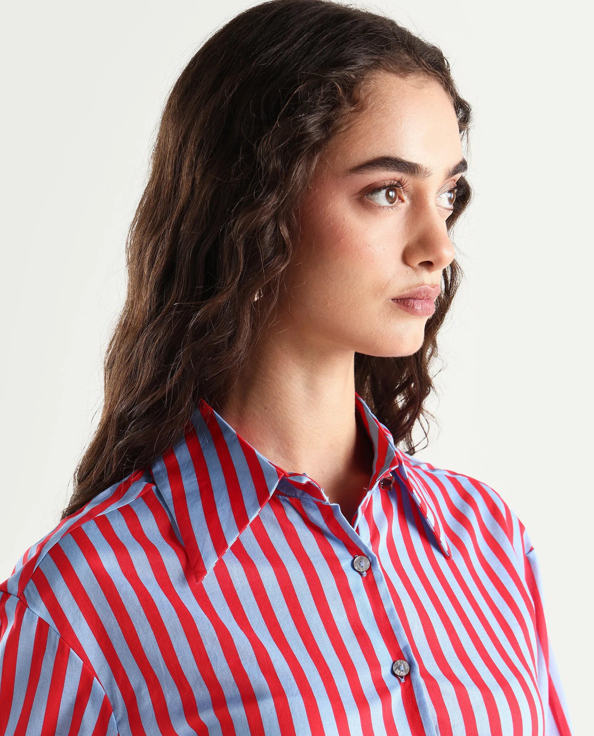 Rareism Women's Masha Blue Drop Collar Striped Cuffed Sleeve Regular Fit Top