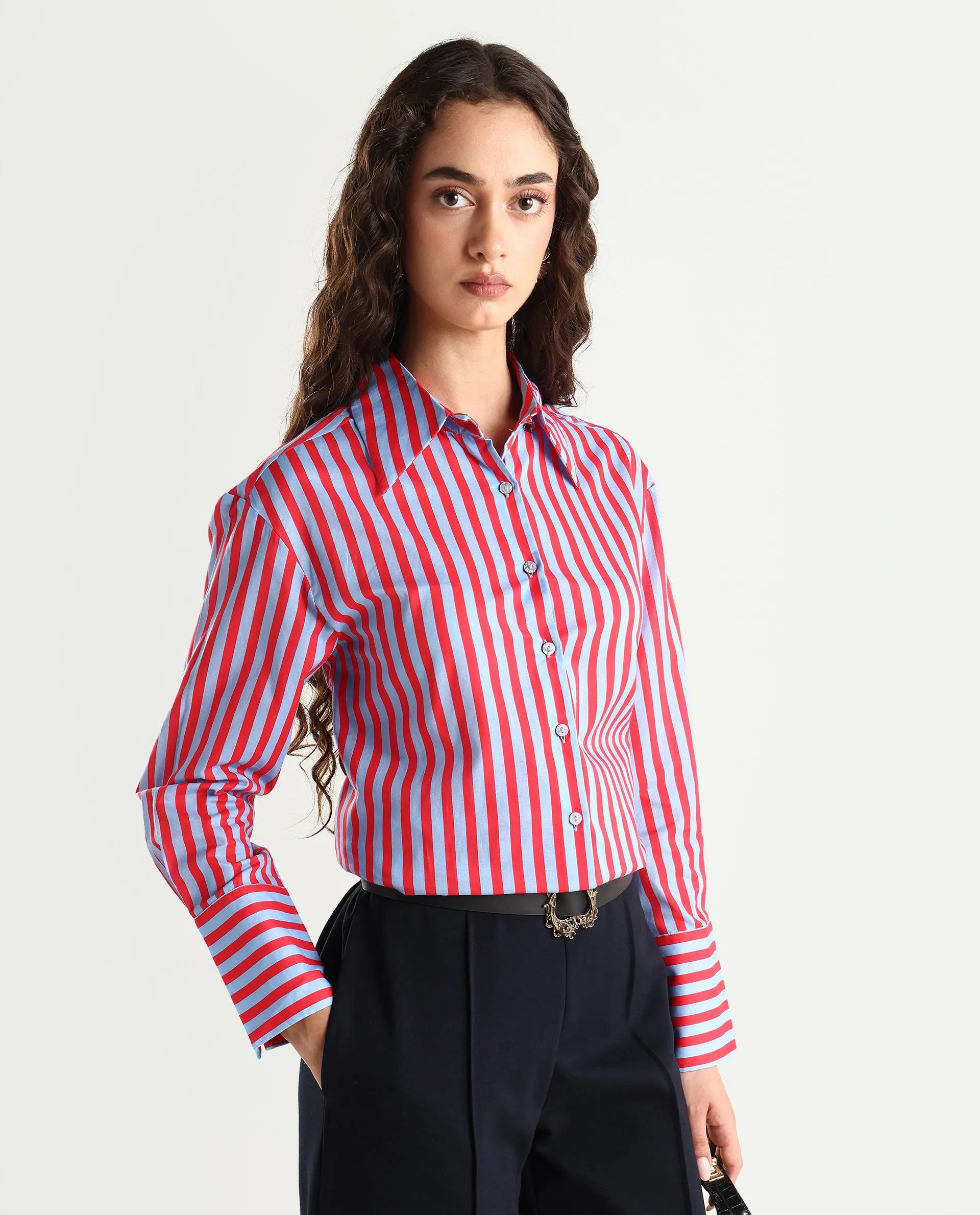 Rareism Women's Masha Blue Drop Collar Striped Cuffed Sleeve Regular Fit Top