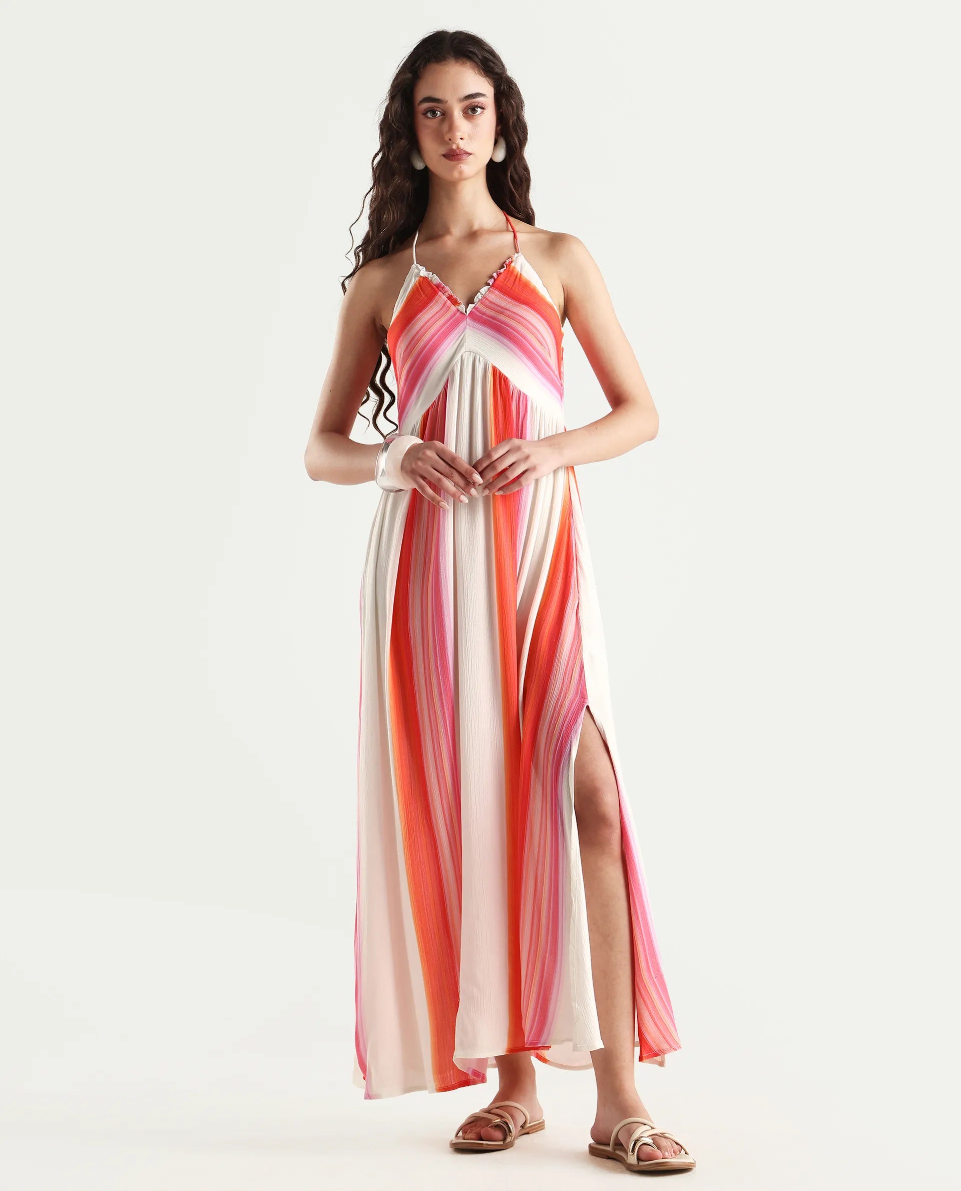 Rareism Women's Muse Multi Viscose Halter Neck Striped Sleeveless Maxi Fit And Flare Dress