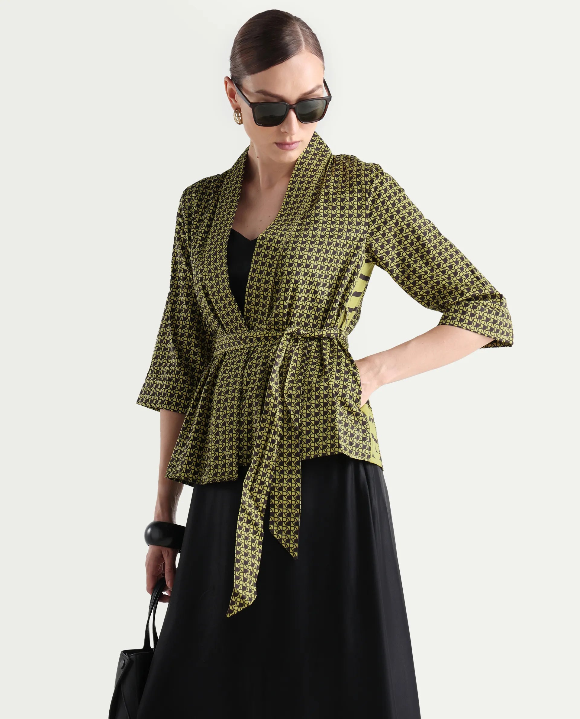 Rareism Women's Geomo-T Yellow Cotton Overlap Neck Monogram Print Regular Fit Shrug