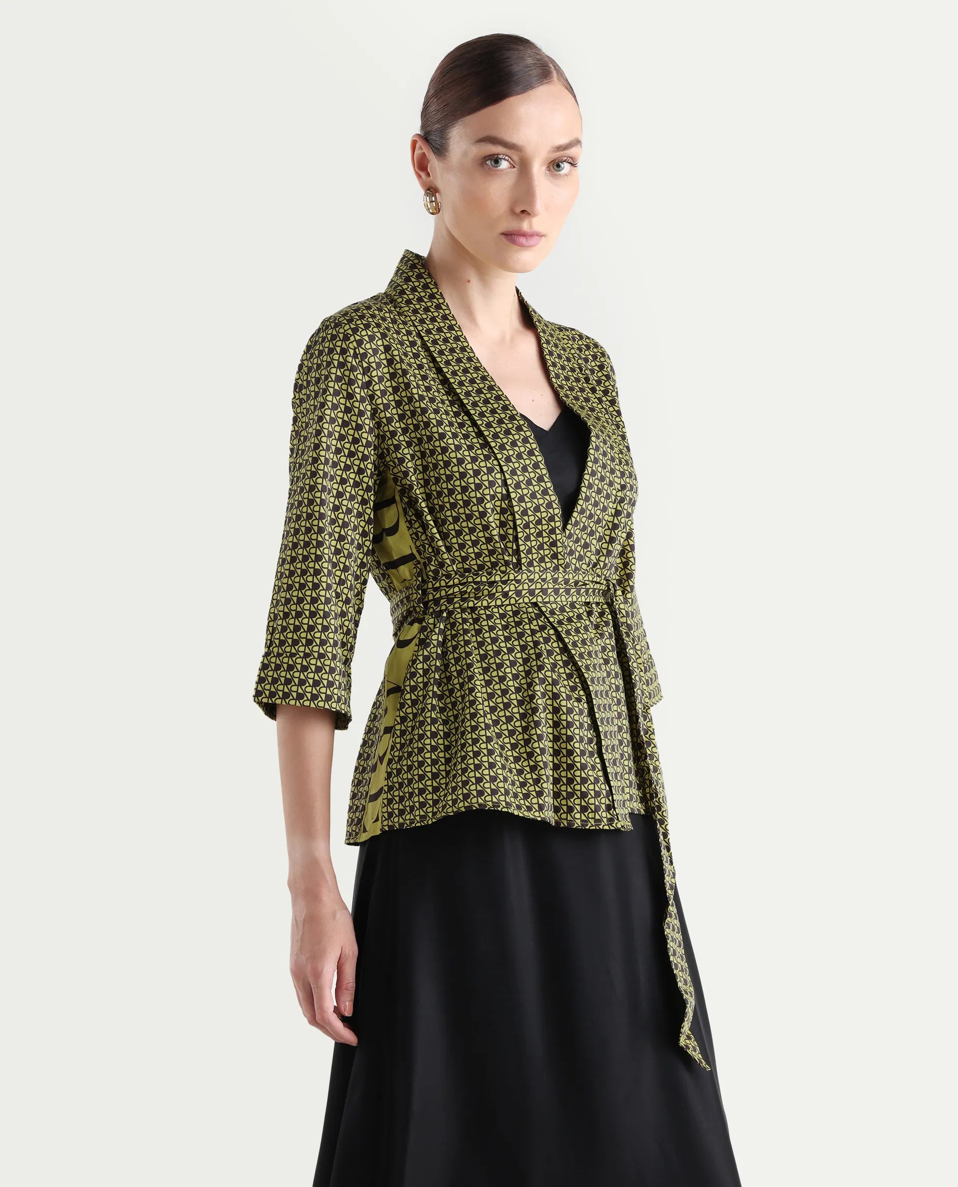 Rareism Women's Geomo-T Yellow Cotton Overlap Neck Monogram Print Regular Fit Shrug