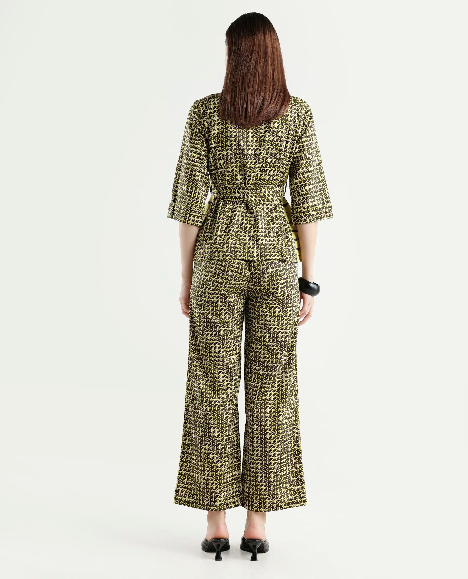 Rareism Women's Geomo-B Yellow Cotton Blend Monogram Print Ankle Length Straight Fit Trouser