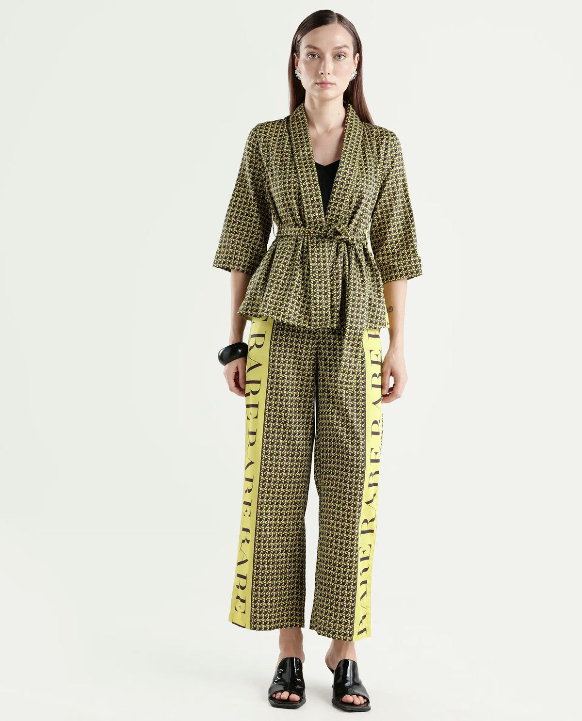 Rareism Women's Geomo-B Yellow Cotton Blend Monogram Print Ankle Length Straight Fit Trouser