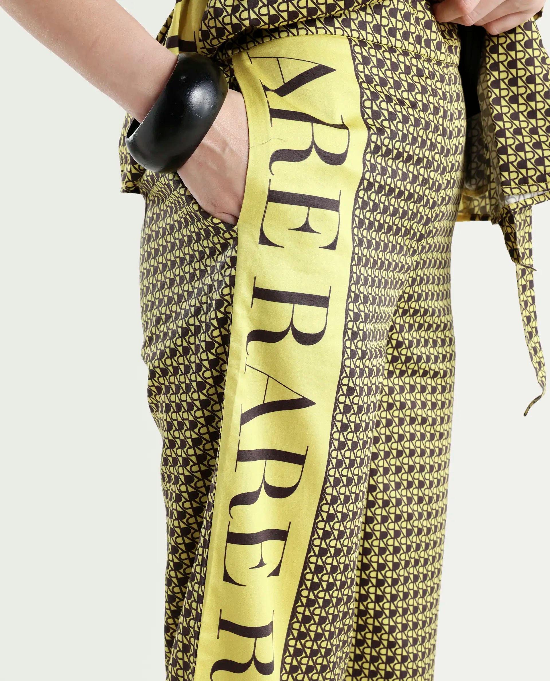 Rareism Women's Geomo-B Yellow Cotton Blend Monogram Print Ankle Length Straight Fit Trouser