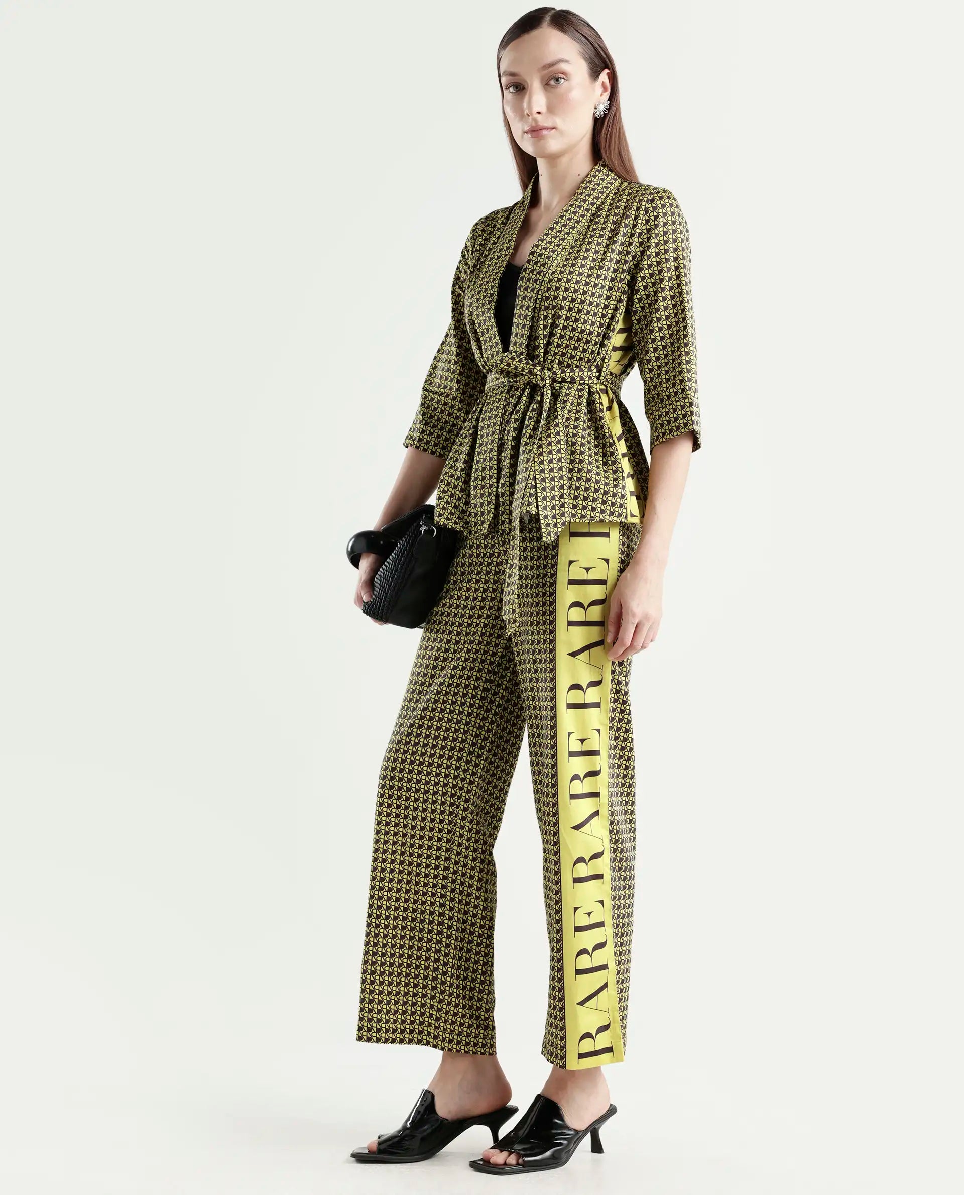 Rareism Women's Geomo-B Yellow Cotton Blend Monogram Print Ankle Length Straight Fit Trouser