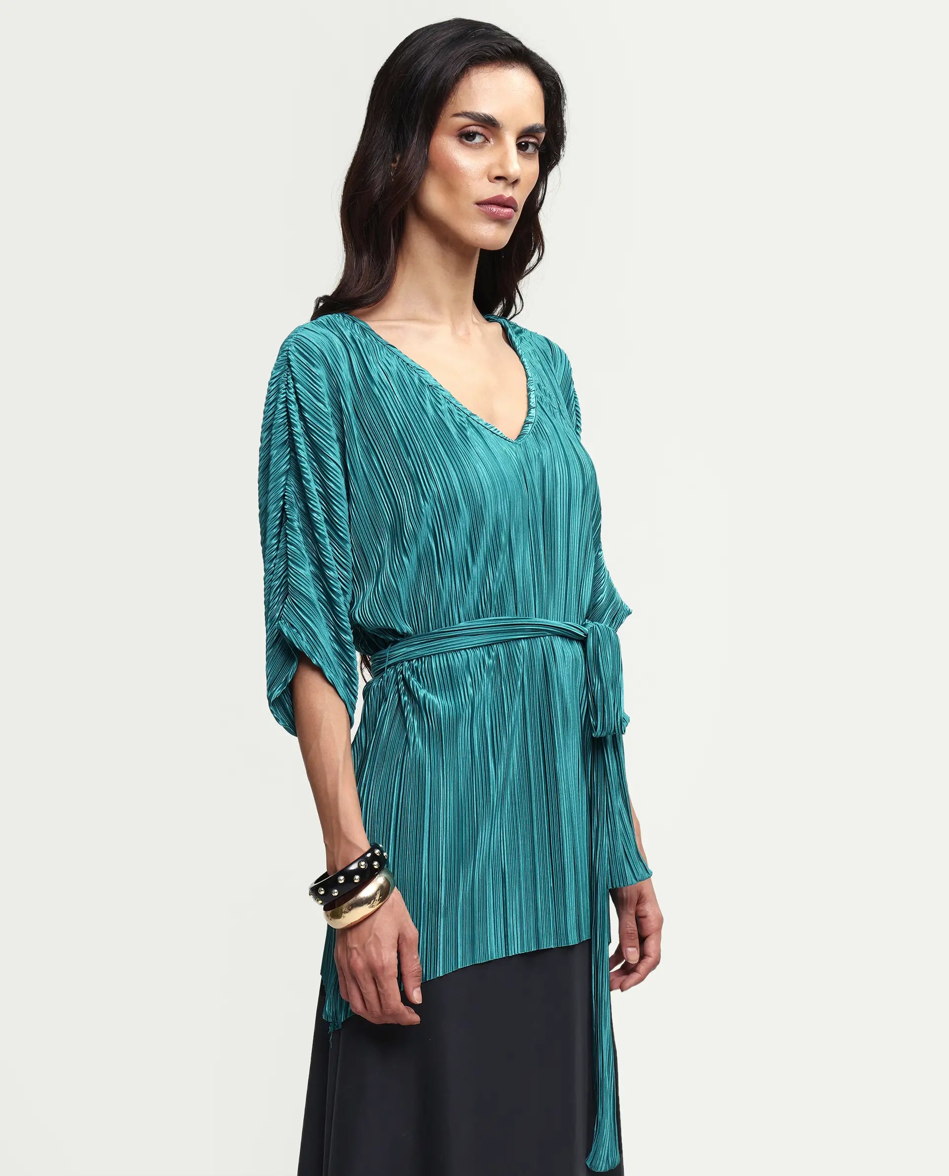 Rareism Women's Belgarde-T Petrol Polyester V-Neck Plain Extended Sleeves Relaxed Fit Top