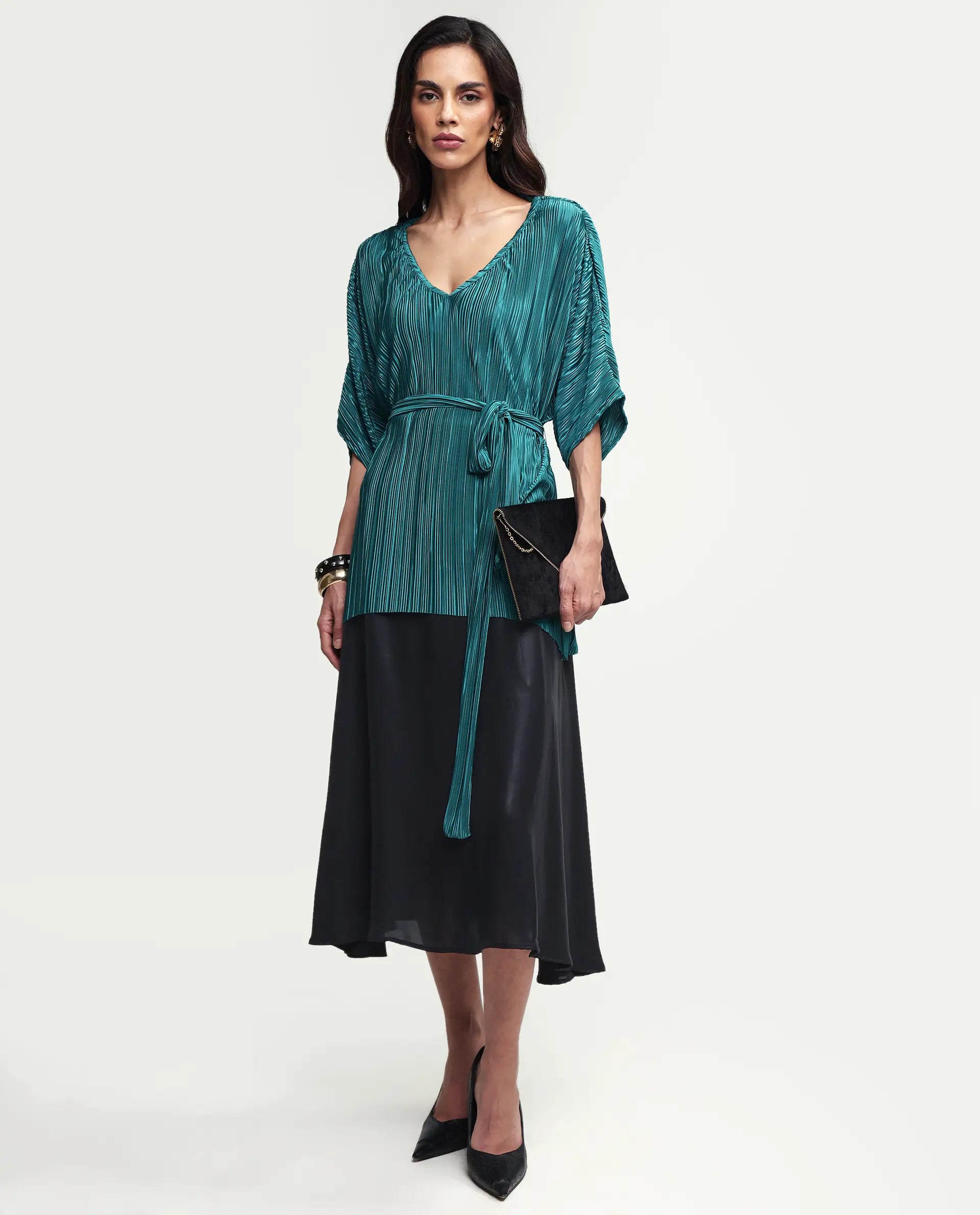 Rareism Women's Belgarde-T Petrol Polyester V-Neck Plain Extended Sleeves Relaxed Fit Top