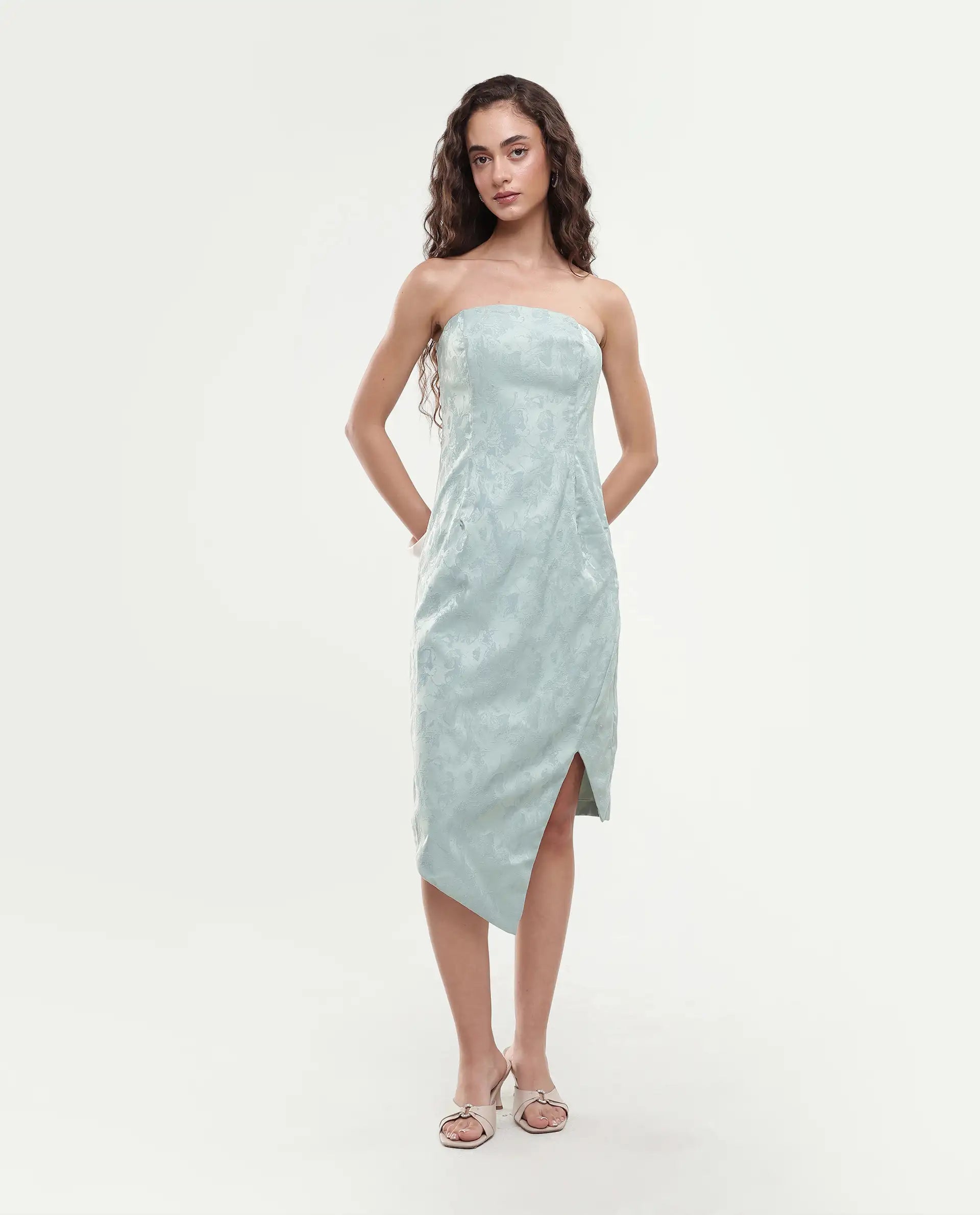 Rareism Women's Krakow Light Blue Polyester Shoulder Strap Plain Sleeveless Knee Length Bodycon Dress