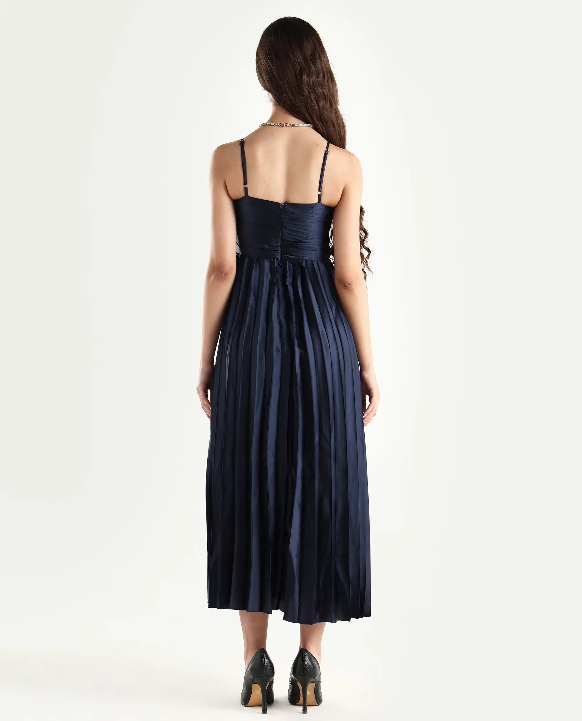 Rareism Women's Montreal Metallic Navy Shoulder Strap Plain Shoulder Strap Midi Fit And Flare Dress