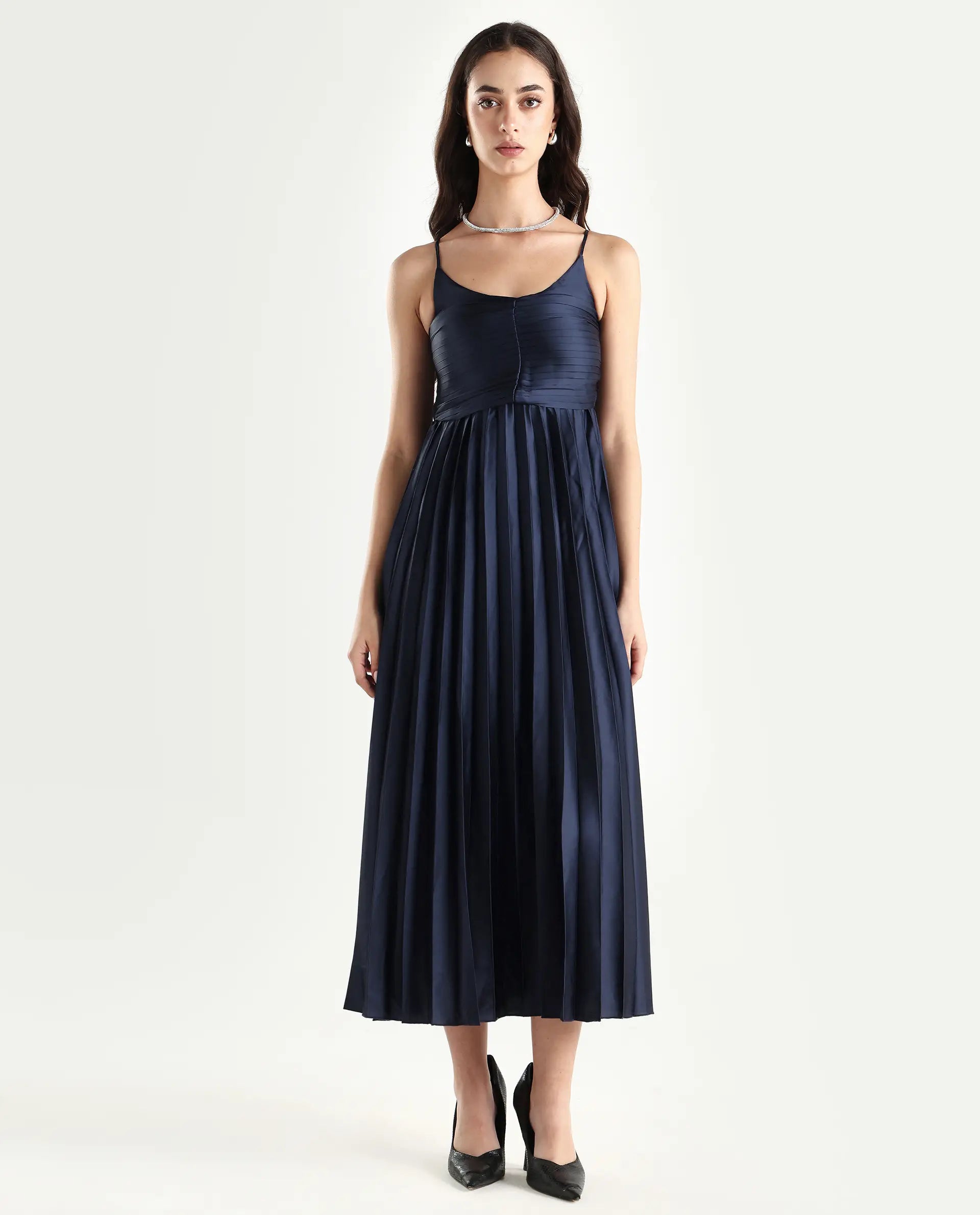 Rareism Women's Montreal Metallic Navy Shoulder Strap Plain Shoulder Strap Midi Fit And Flare Dress