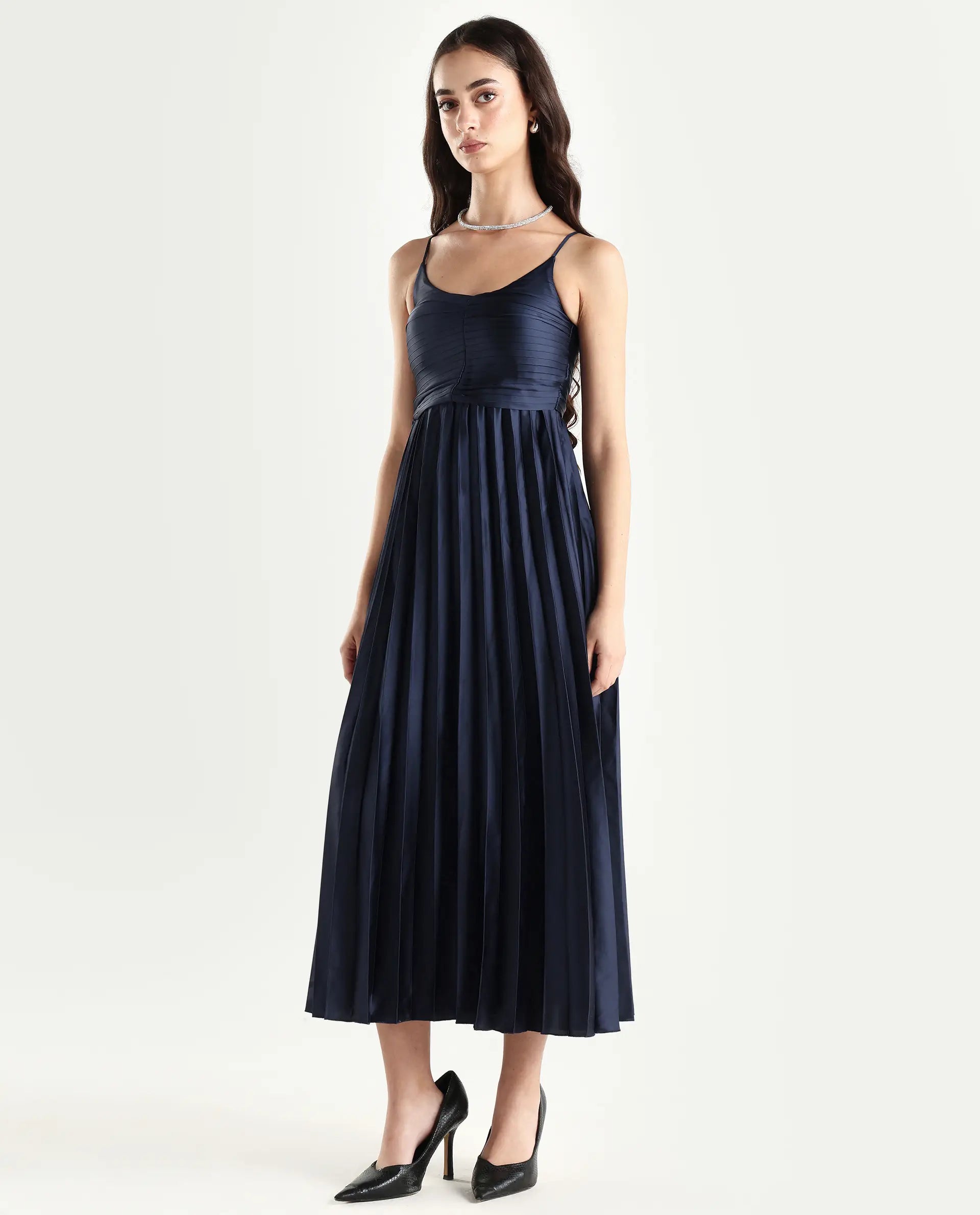 Rareism Women's Montreal Metallic Navy Shoulder Strap Plain Shoulder Strap Midi Fit And Flare Dress