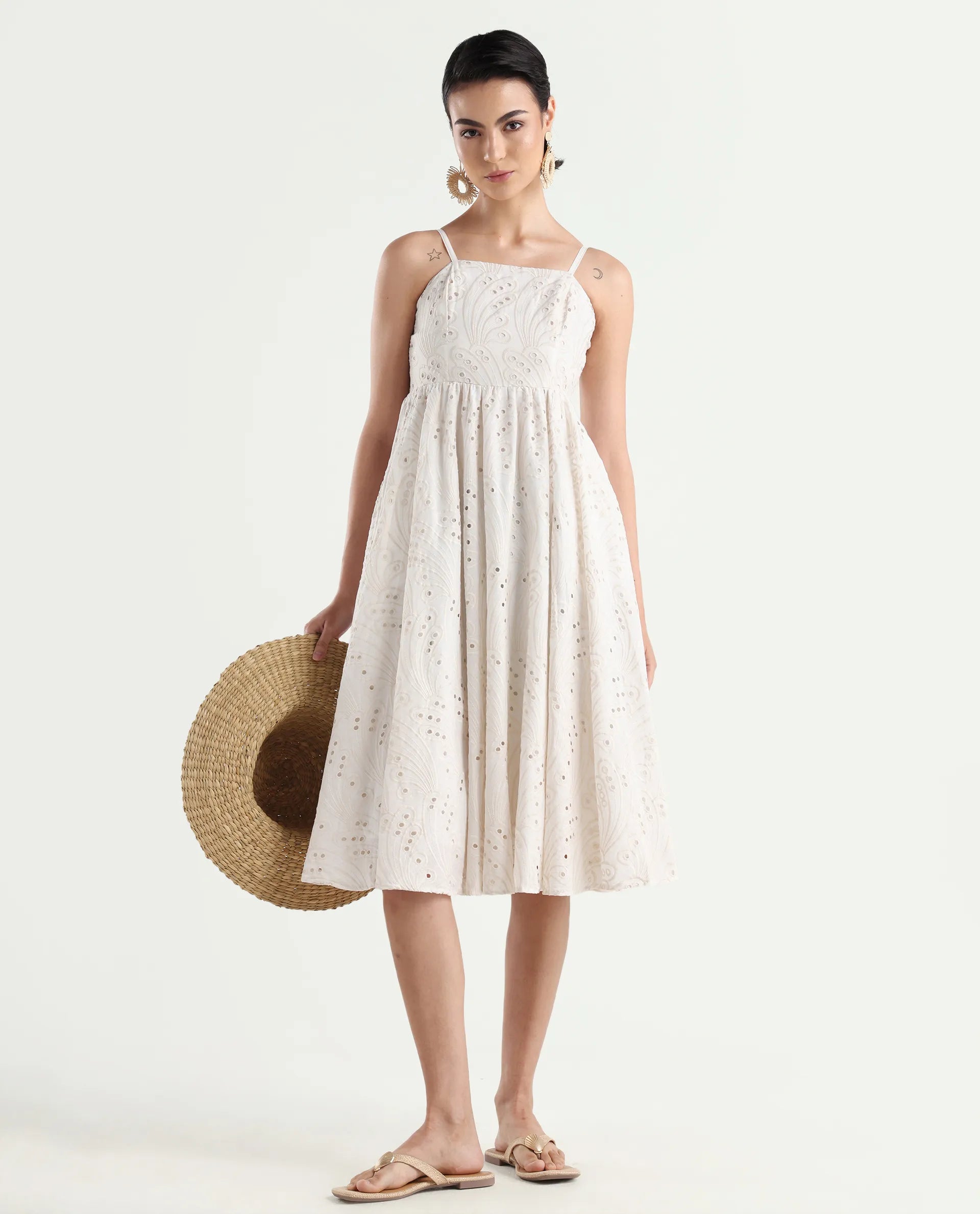 Rareism Women's Calvert White Cotton Shoulder Strap Plain Shoulder Strap Midi Fit And Flare Dress