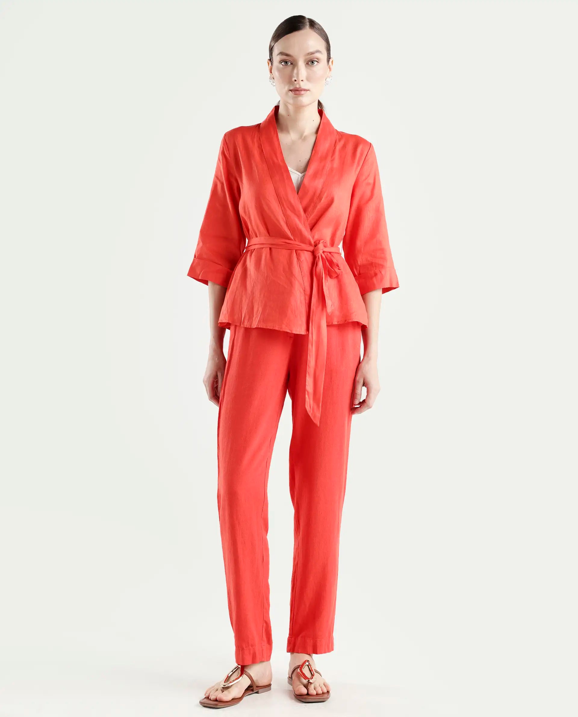 Rareism Women's Costa-B Pastel Rust Linen Plain Ankle Length Tapered Trouser