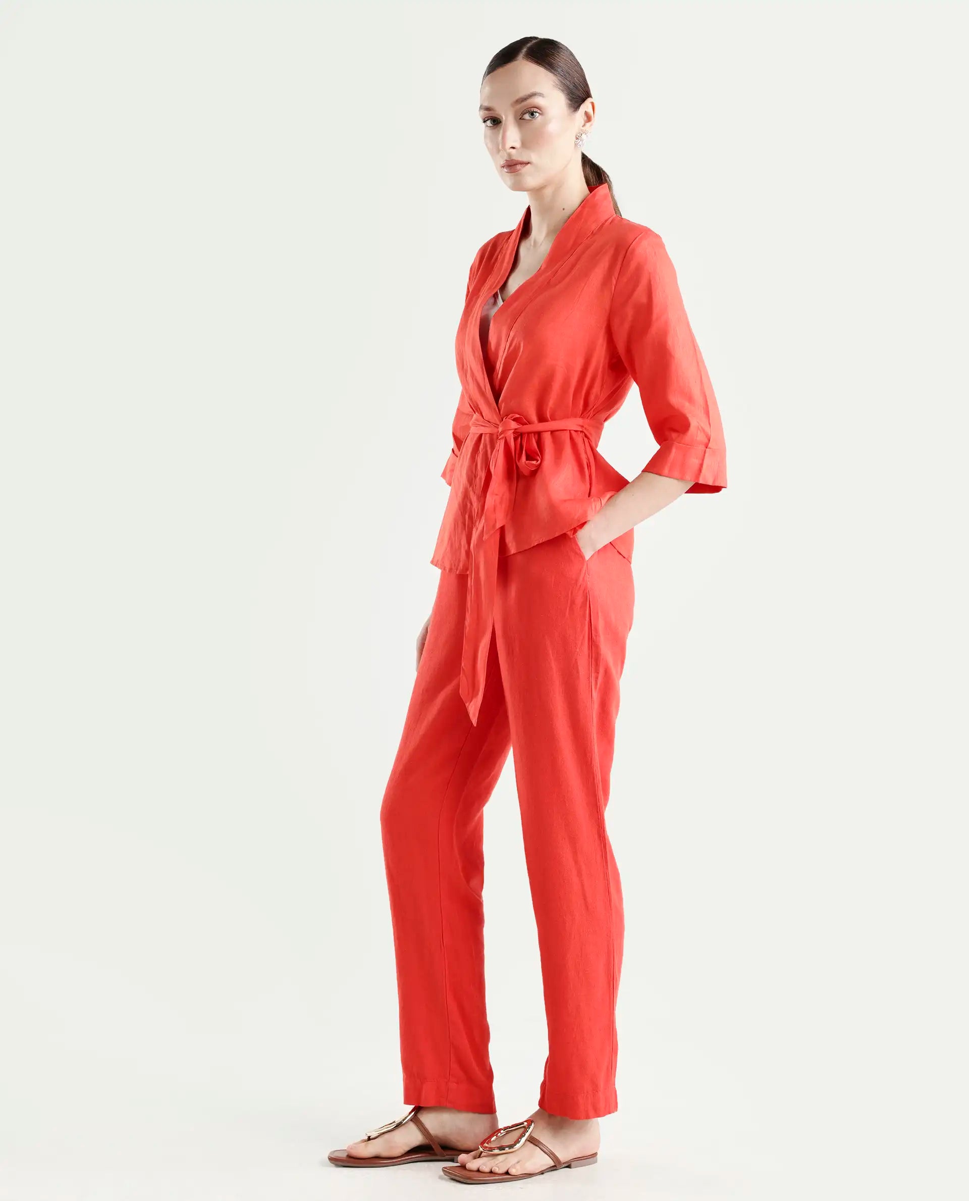 Rareism Women's Costa-B Pastel Rust Linen Plain Ankle Length Tapered Trouser