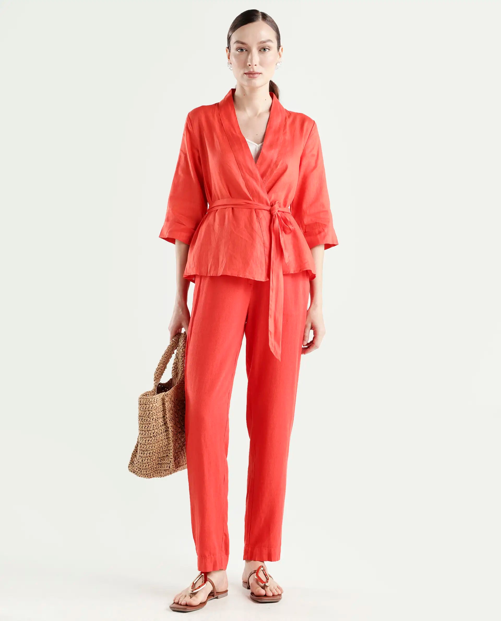 Rareism Women's Costa-B Pastel Rust Linen Plain Ankle Length Tapered Trouser