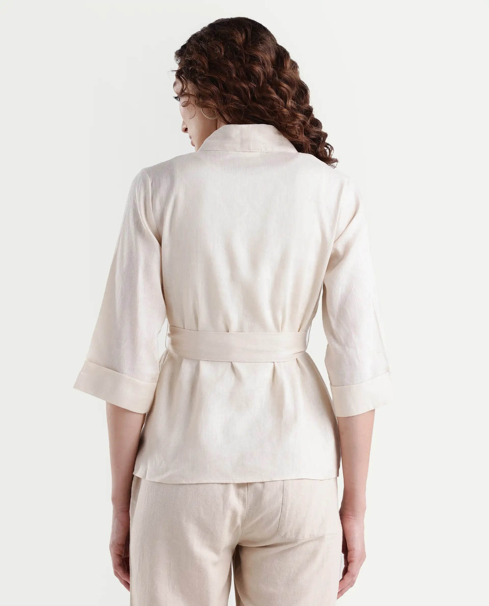 Rareism Women's Costa-T Light Beige Cotton Blend Overlap Neck Plain Regular Fit Top