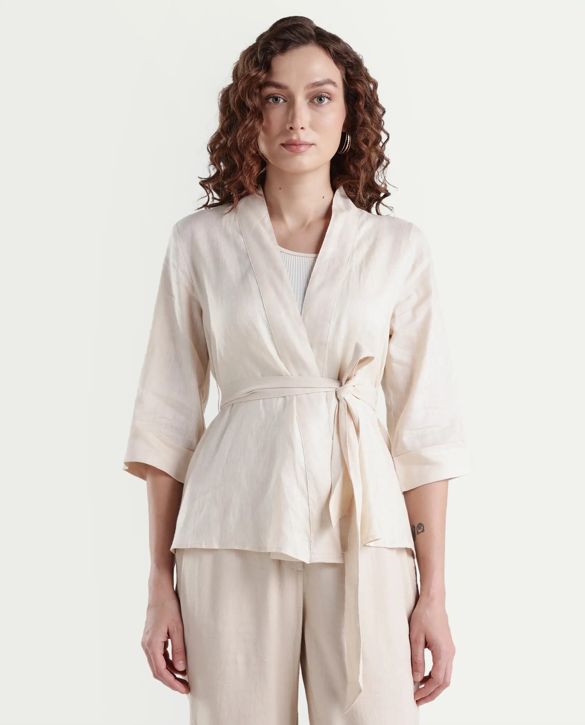 Rareism Women's Costa-T Light Beige Linen Blend Overlap Neck Plain Regular Fit Top