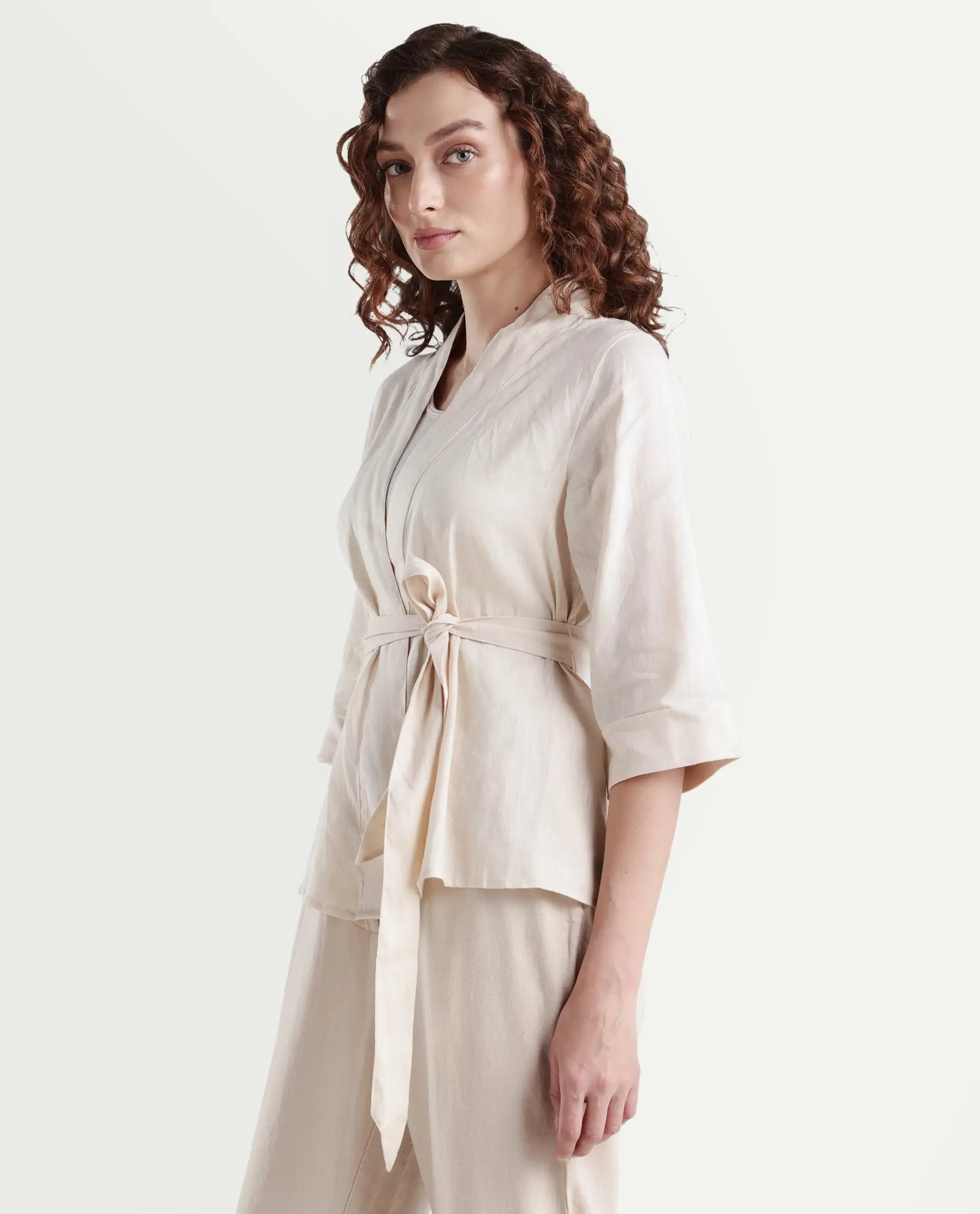 Rareism Women's Costa-T Light Beige Linen Blend Overlap Neck Plain Regular Fit Top